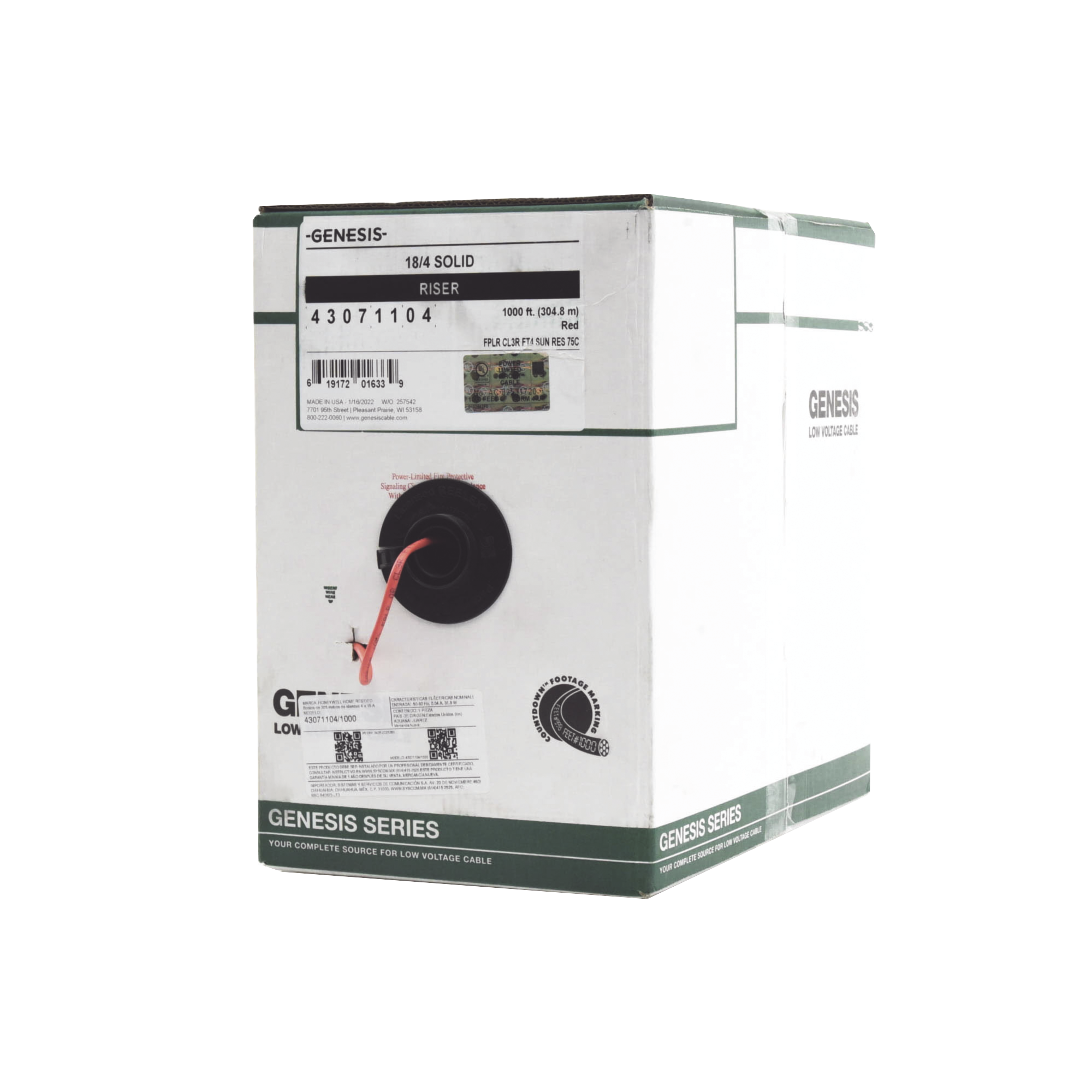 Bobina de 305 Metros de Alambre / 4x18 AWG / Tipo FPLR-CL2R / Resistente al Fuego / Color Rojo / Para Sistemas Contra Incendio o Sistemas de Evacuación