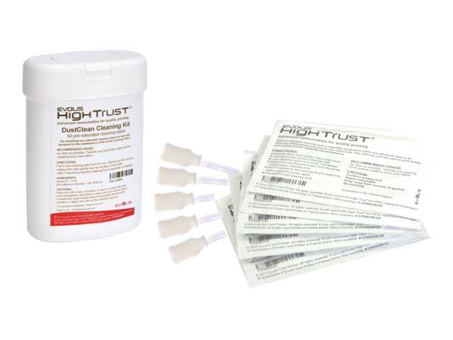 Kit de Limpieza EVOLIS A5070 - Color blanco, Limpiador, Tarjetas Adhesivas para Laminador