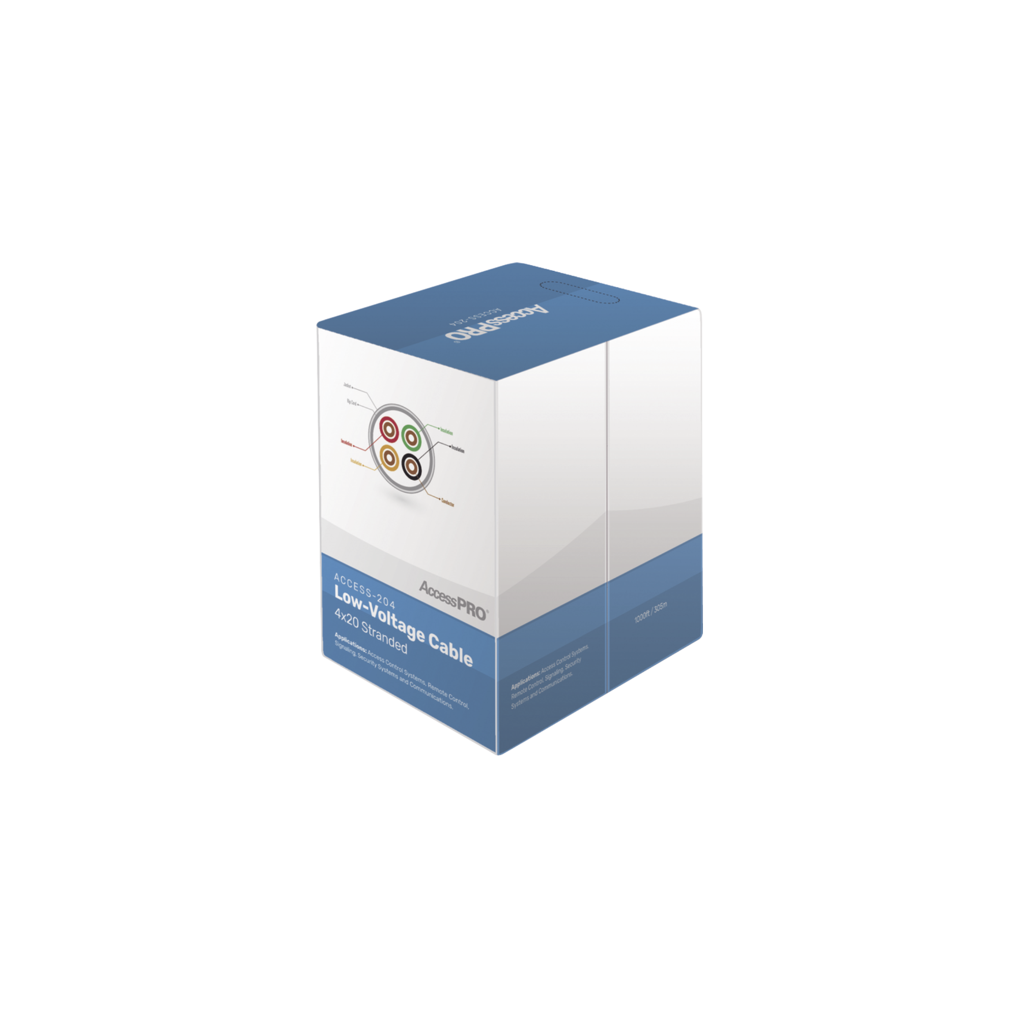 Bobina de 305 metros con 4 conductores de cobre trenzado calibre 20, aislamiento individual de FRPVC de alta calidad, cubierta exterior de PVC con protección anti-flama CM. Para aplicaciones de control de acceso