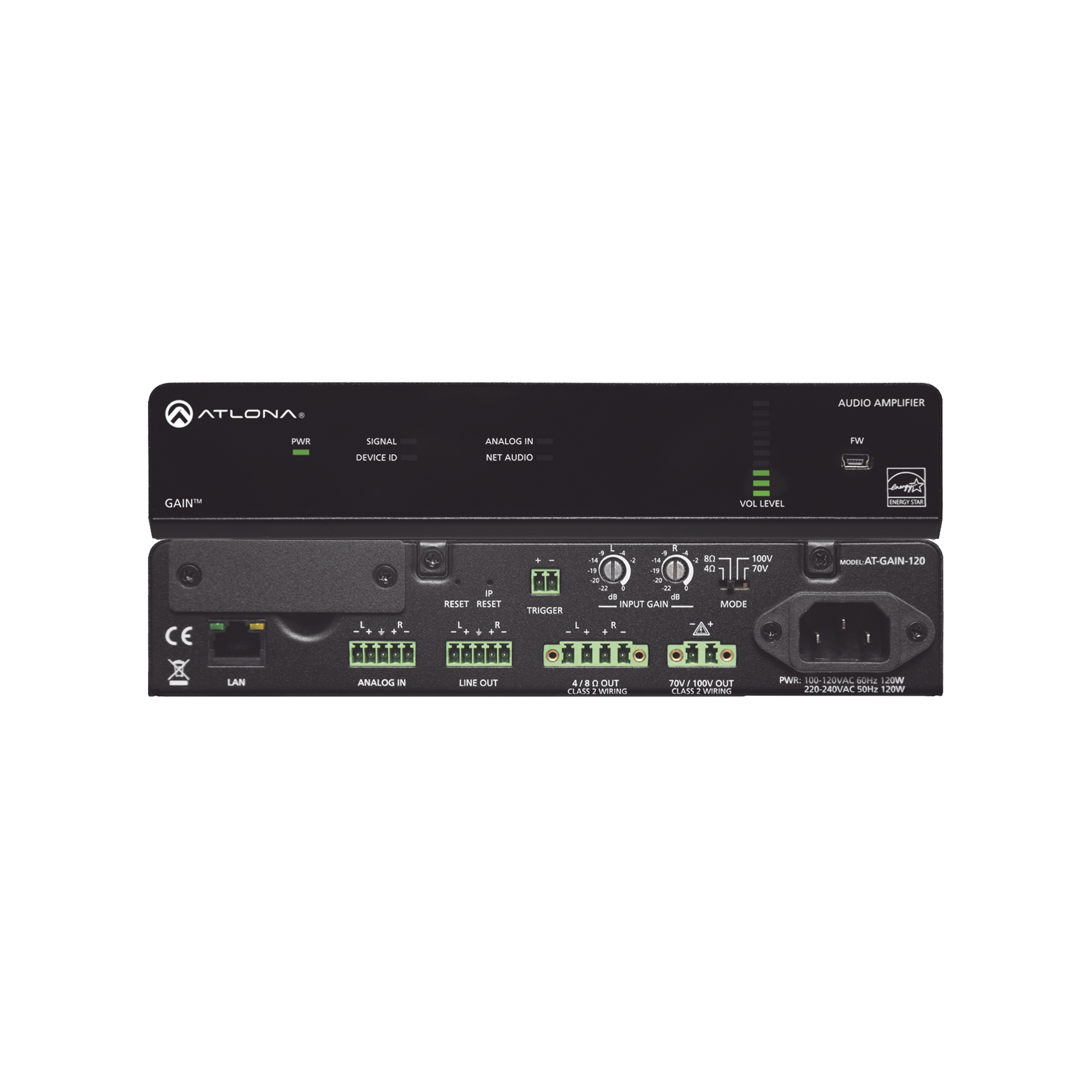 Amplificador de potencia estéreo / mono - 120 Watts / Eficiente clase D / Opcional AES67 (Interfaz de audio en red Dante)