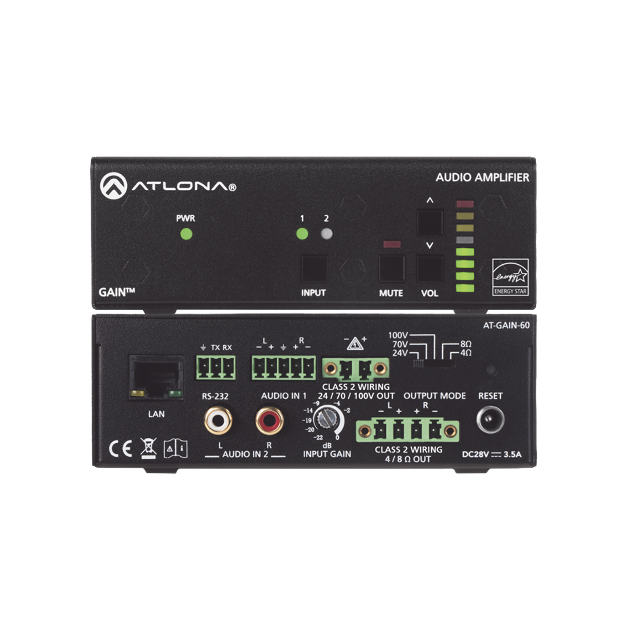 Amplificador de potencia estéreo / mono - 60 Watts / Eficiente clase D / Opcional AES67 (Interfaz de audio en red Dante)