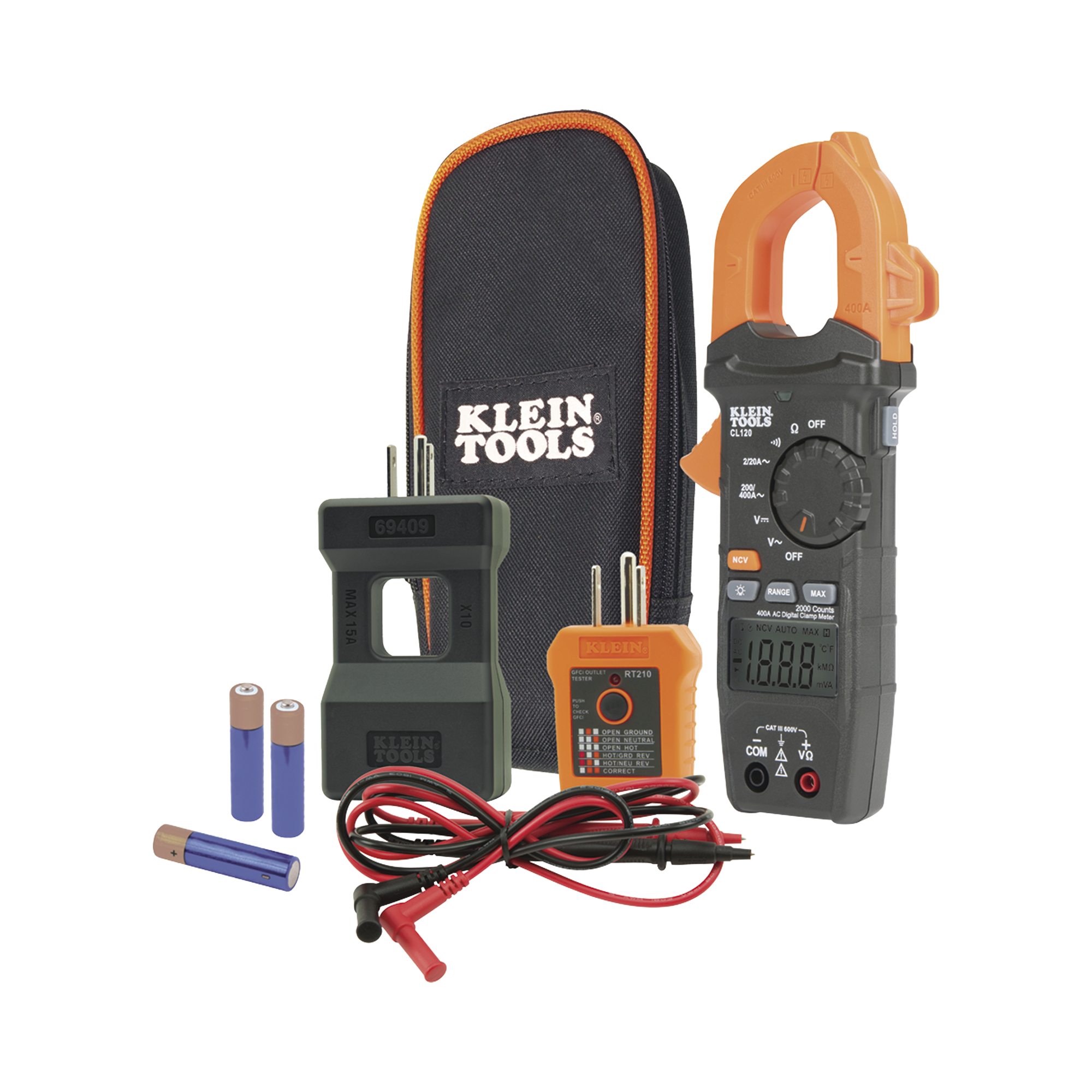 Kit de Amperímetro de Gancho (400A CA) con Probador de Fase y Divisor (para medir corriente sin cortar el cable).