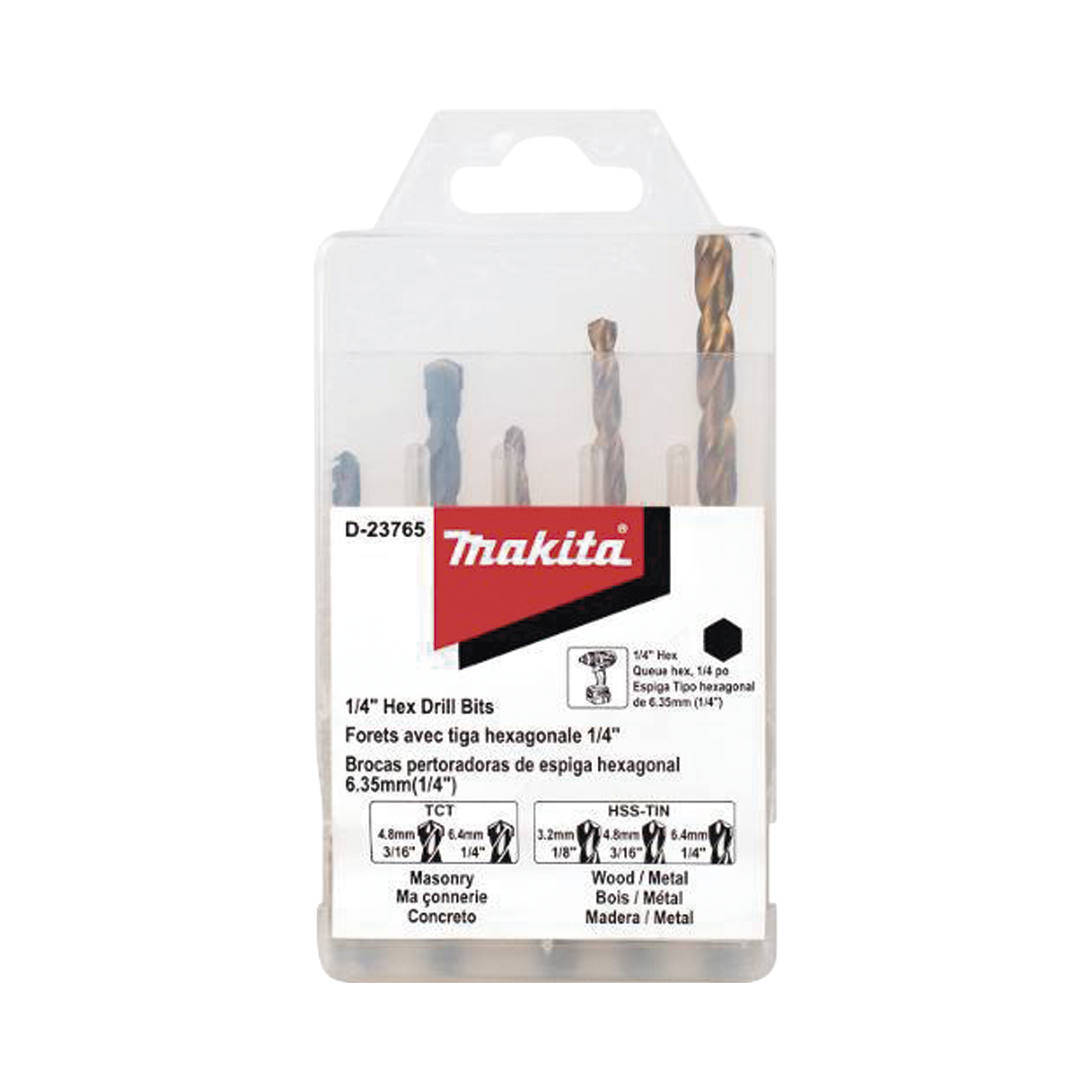 Juego de 5 Brocas con Inserción Hexagonal de 1/4'. De concreto: 3/16' y 1/4'. Para metal: 1/8', 3/16' y 1/4'.