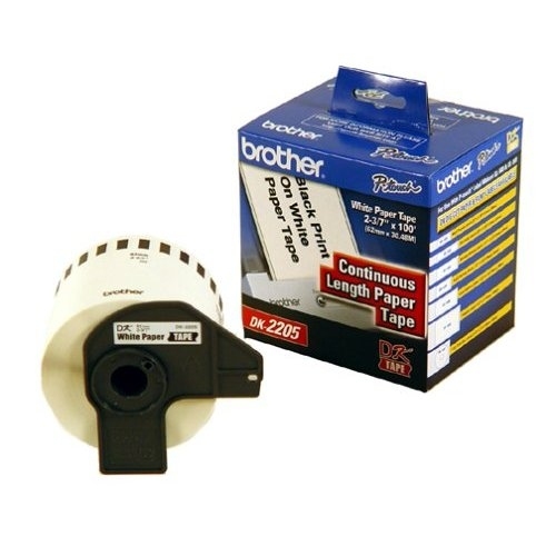 Etiqueta blanca continua de papel Brother DK2205 de 62 mm de ancho x 30.4 mts de largo. Impresión en negro. QL800 / QL810W / QL1110NWB. - 