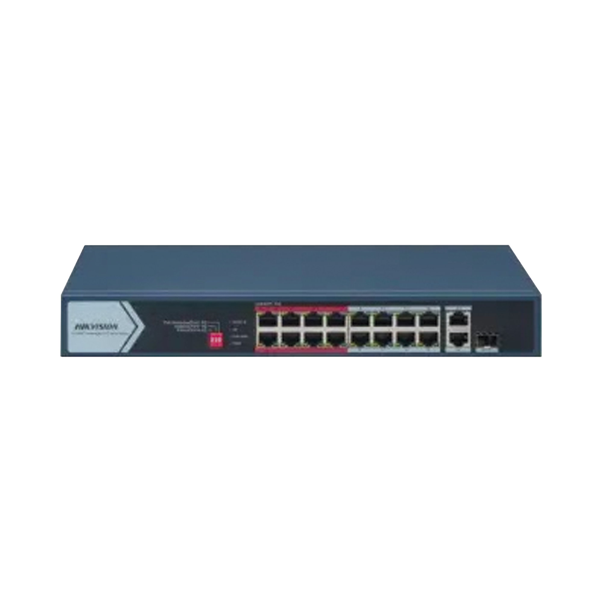 Switch PoE+ / No Administrable / 16 Puertos 10/100 Mbps PoE+ / 2 Puerto 10/100/1000 Mbps + 1 Puerto SFP Uplink / PoE hasta 300 metros / 130 W