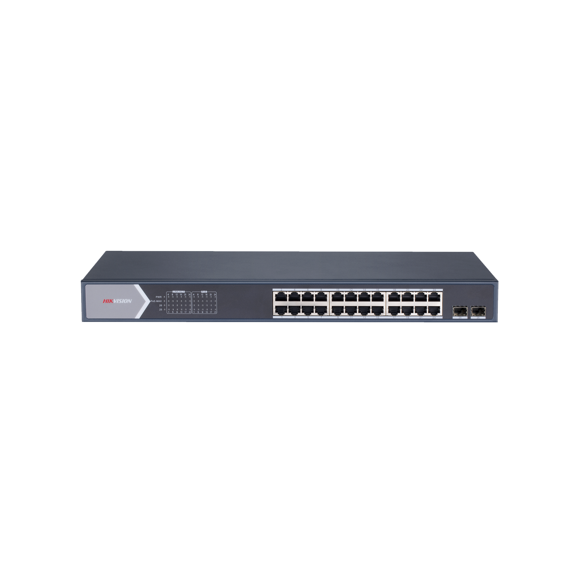 Switch Gigabit PoE+ / Administrable / 24 Puertos 10/100/1000 Mbps PoE+ / 2 Puertos SFP / Configuración Remota desde Hik-PartnerPro / PoE Extendido 250 Metros / 370 Watts
