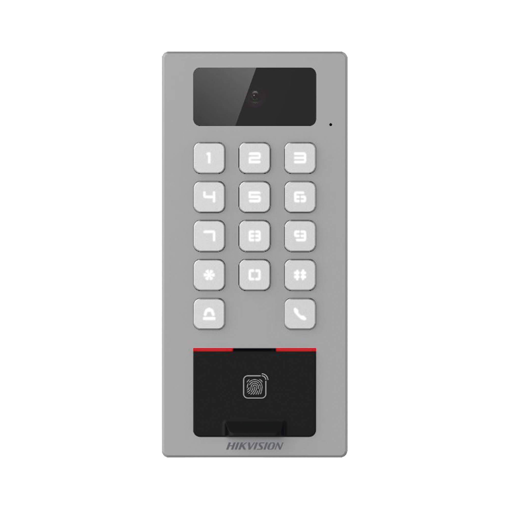Lector Biometrico con Teclado para Exterior Antivandálico IP65 & IK09 con función de Videoportero Multiapartamento /  Huella, Tarjeta, Código QR, PIN o App HikConnect  / Cámara 2 MP compatible con NVRs / Soporta biom