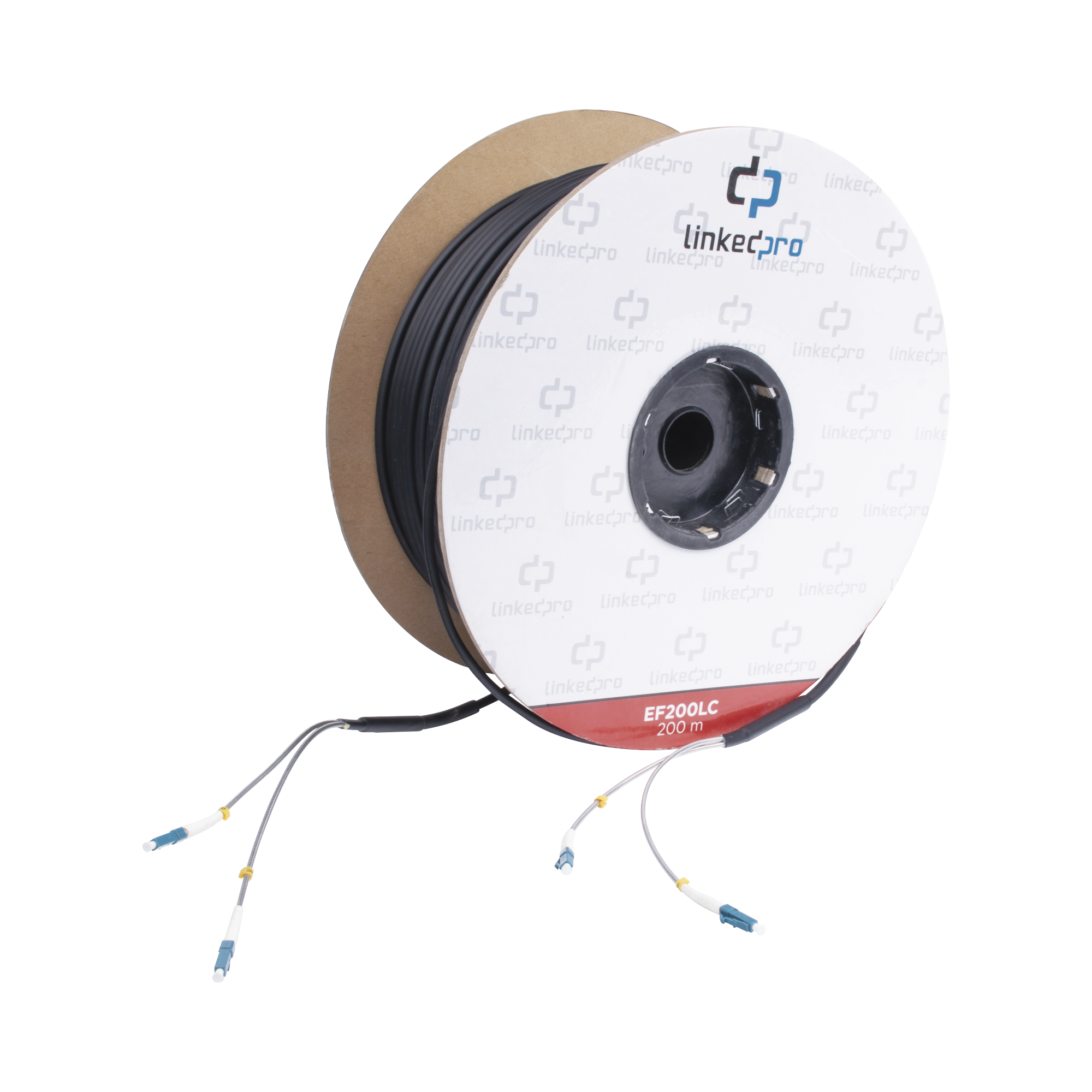 Carrete de Fibra Óptica Monomodo con conectores LC-LC Duplex, Reforzada con Kevlar, de 200 metros