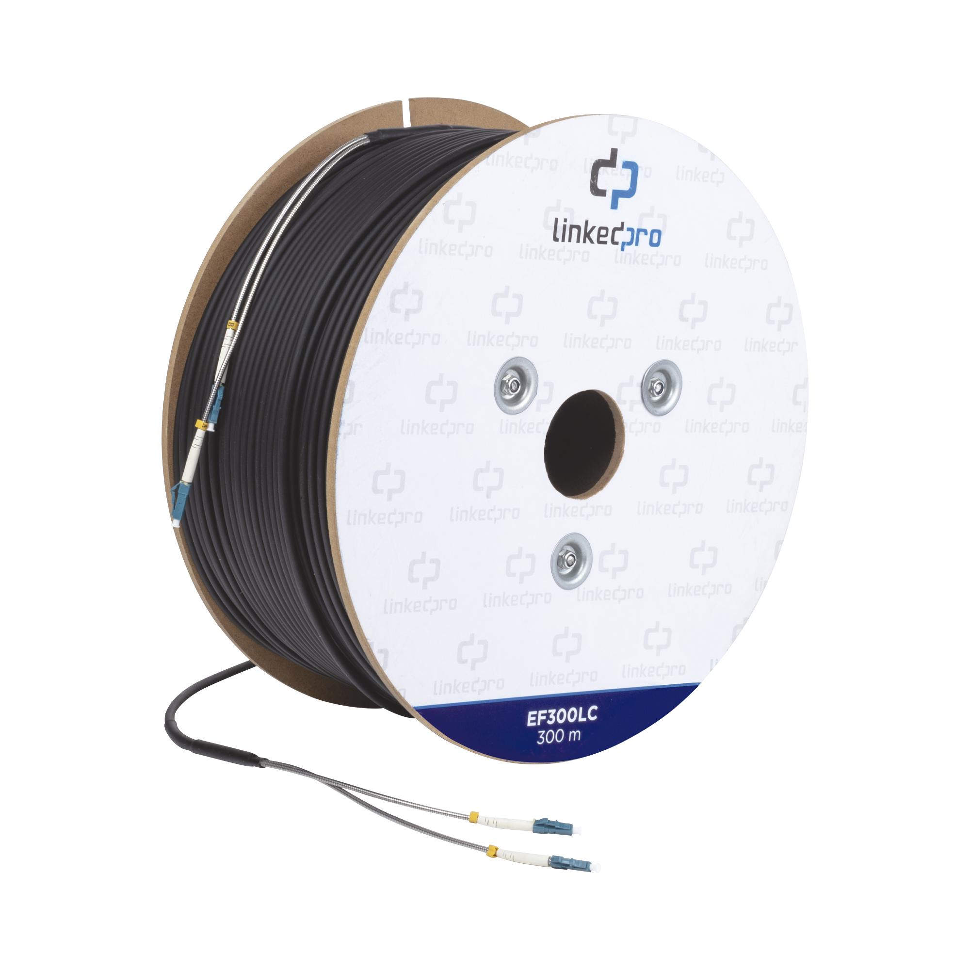 Carrete de Fibra Óptica Monomodo con conectores LC-LC Duplex, Reforzada con Kevlar, de 300 metros