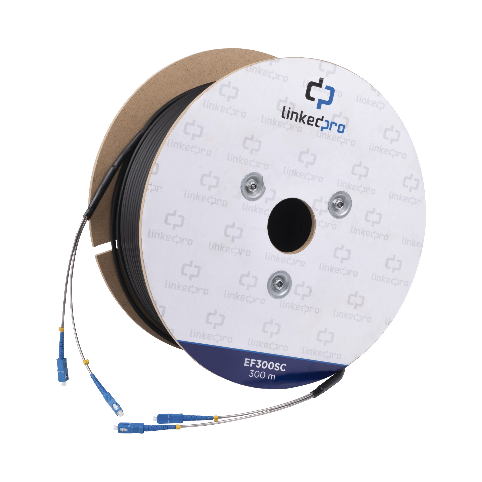 Carrete de Fibra Óptica Monomodo con conectores SC-SC Duplex, Reforzada con Kevlar, de 300 metros