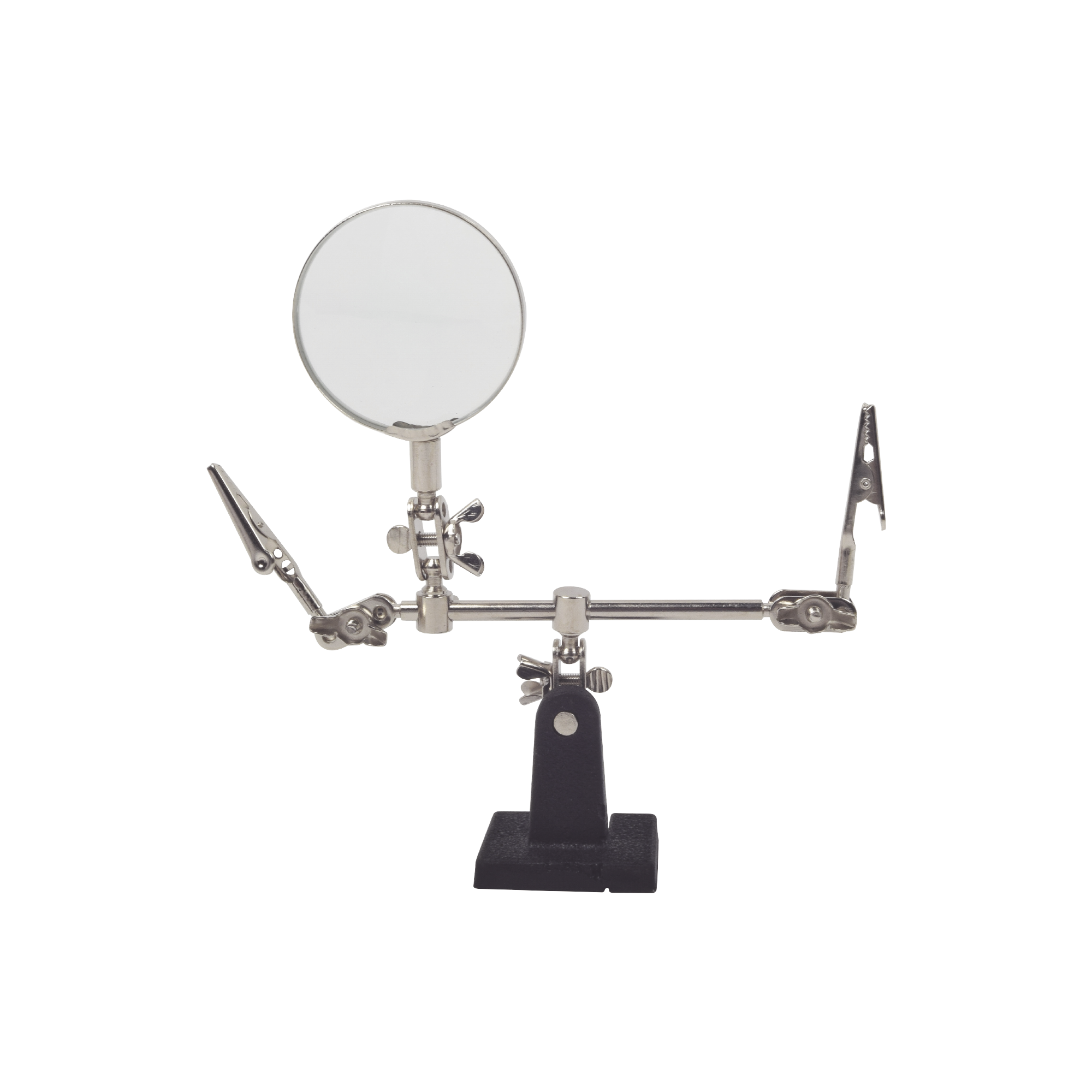 Soporte con lupa y dos brazos con clip. Ideal para trabajos de soldadura.