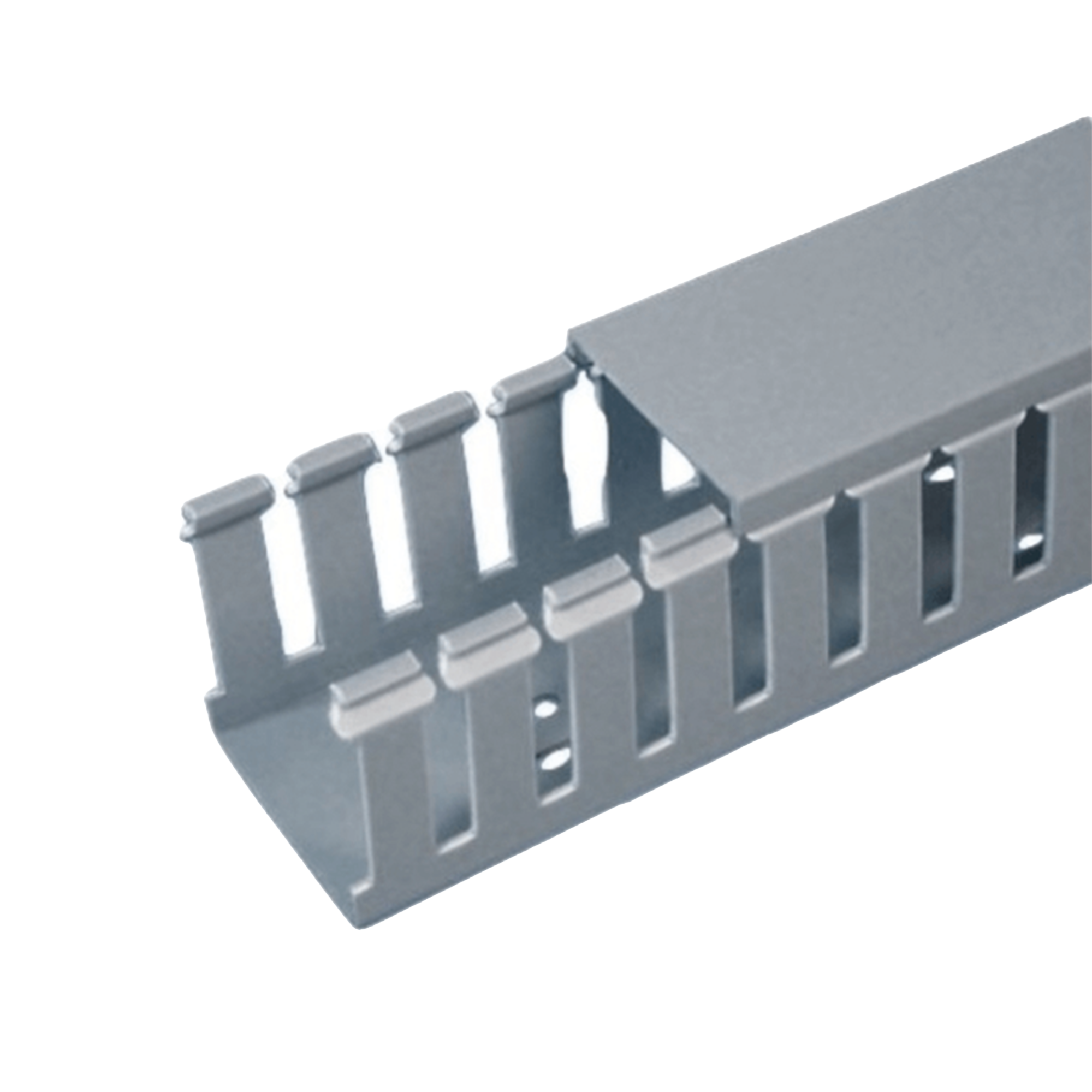 Canaleta Ranurada de PVC con Tapa, Tipo F, 57.2 mm de Ancho, 53.8 mm de Alto y 2 m de Largo, Color Gris