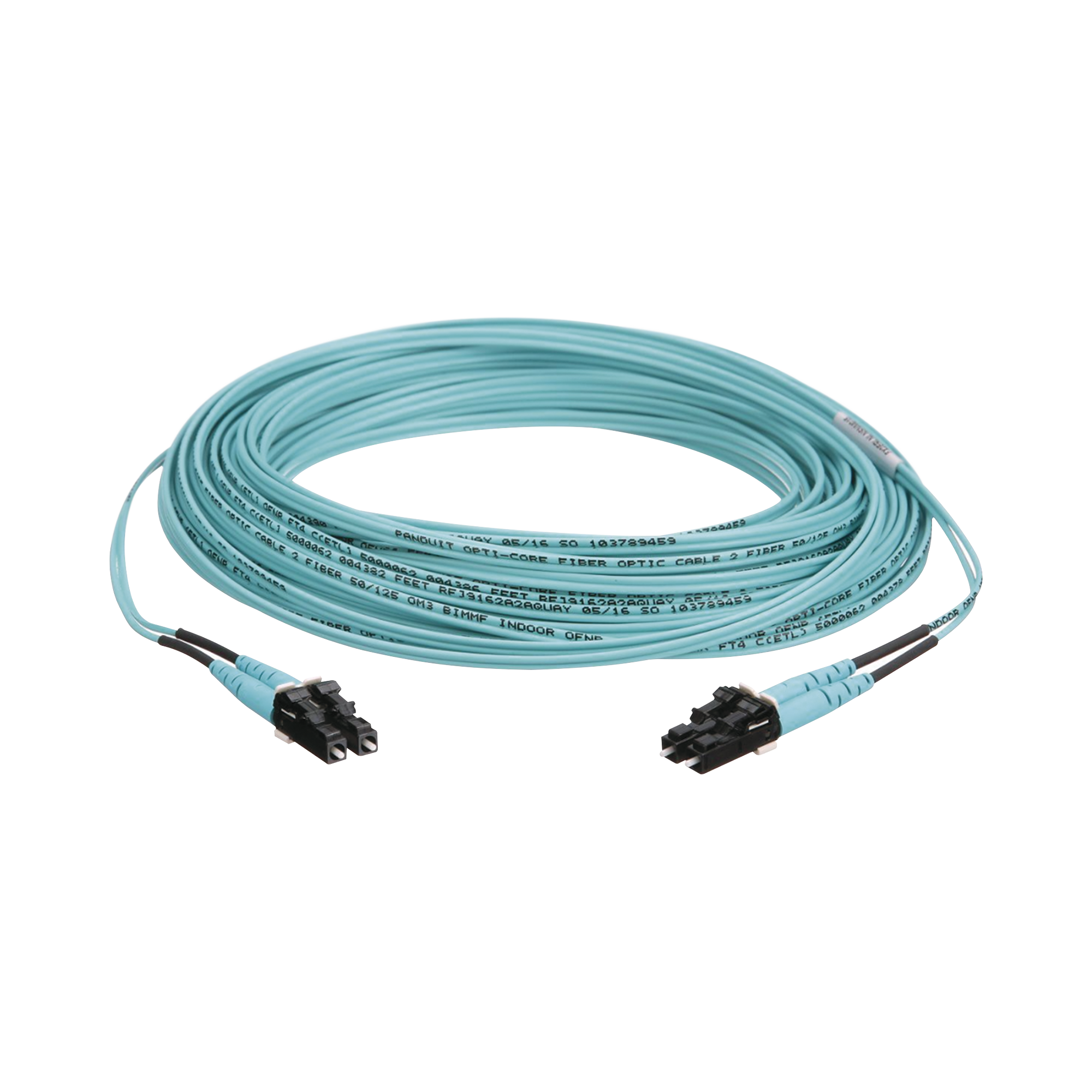 Jumper de Fibra Optica Multimodo 50/125 OM3, LC-LC Duplex, OFNR (Riser), Color Aqua, 15 Metros