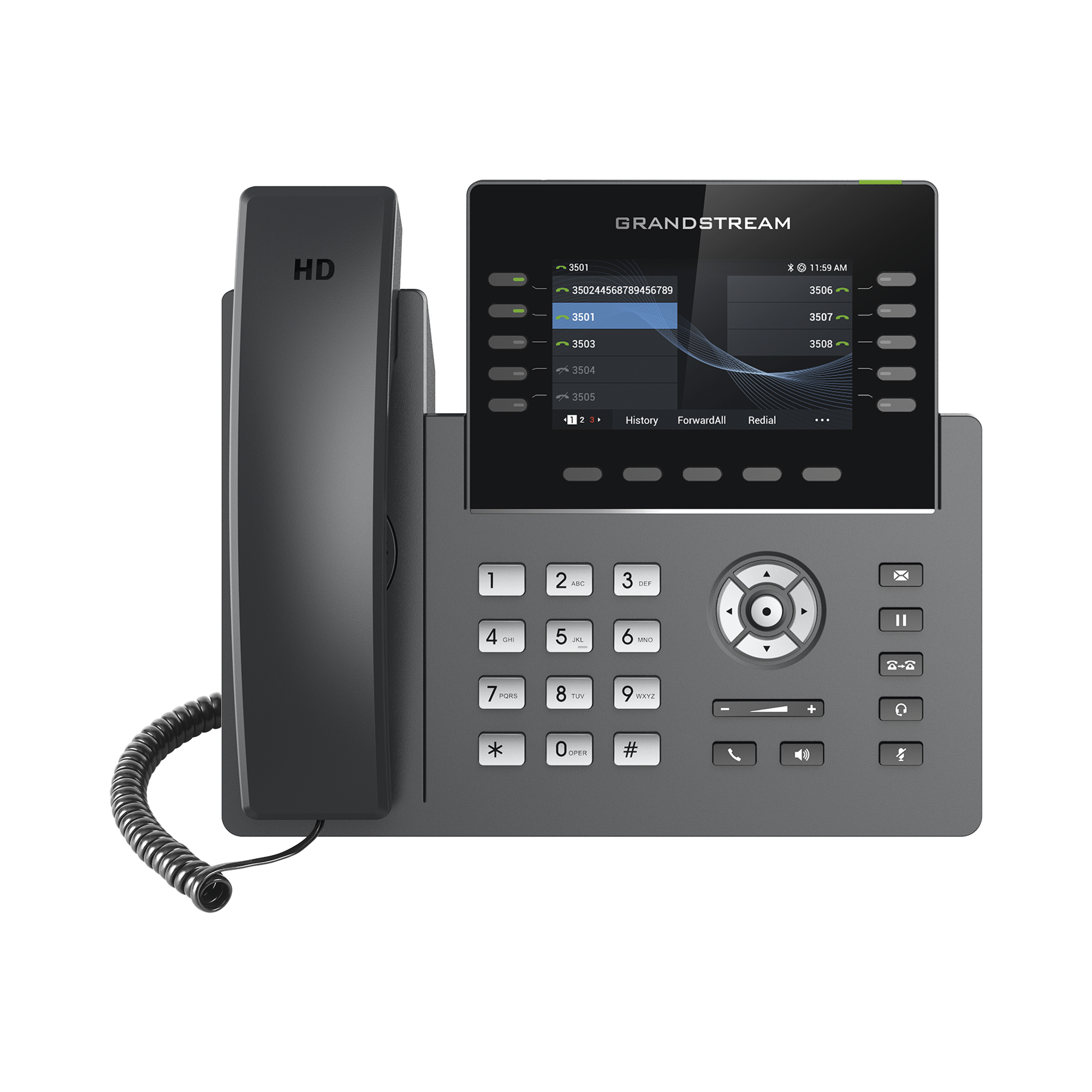 Teléfono IP Wi-Fi, Grado Operador, 10 líneas SIP con 5 cuentas, pantalla a color 4.3', puertos Gigabit, Bluetooth, PoE, codec Opus, IPV4/IPV6 con gestión en la nube GDMS