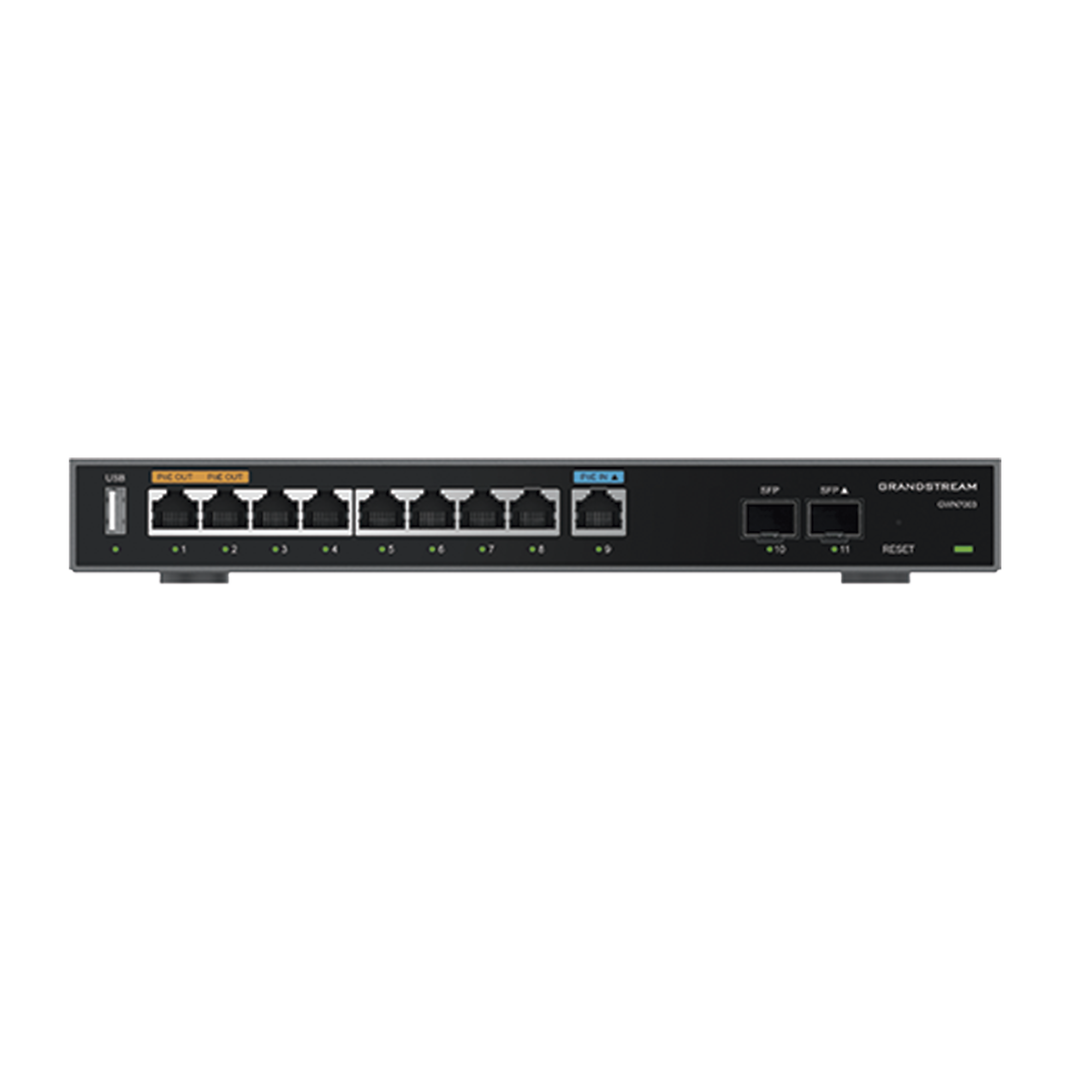 Router Gigabit VPN / Balanceador de cargas / 60,000 sesiones NAT /  9 puertos 10/100/1000 Mbps + 2 puertos SFP (WAN/LAN) / 1 puerto entrada PoE(af/at) / 2 puertos salida PoE (af/at) / Compatible con GWN Cloud.