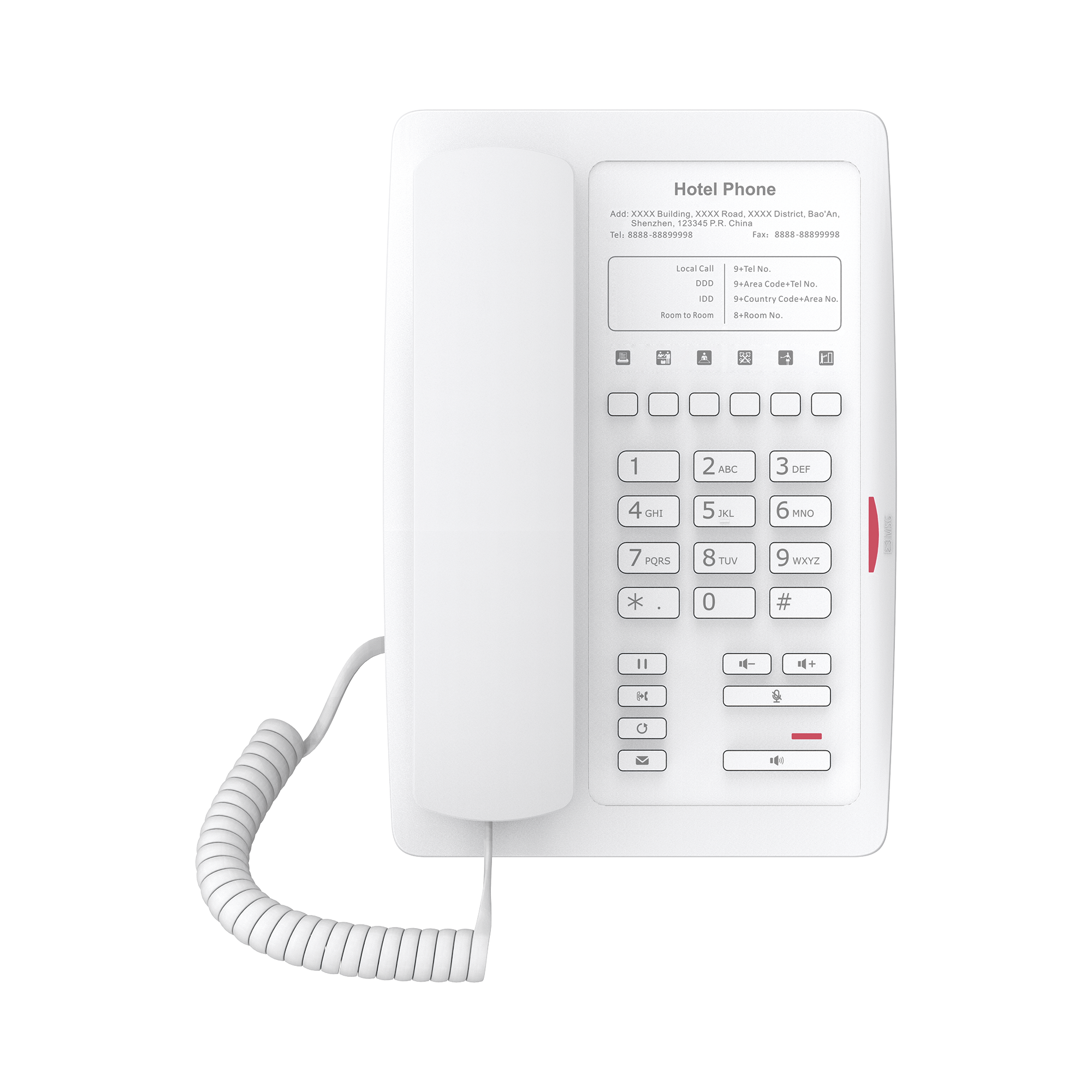Teléfono IP WiFi para Hotelería, profesional con 6 teclas programables para servicio rápido (Hotline), plantilla personalizable con PoE