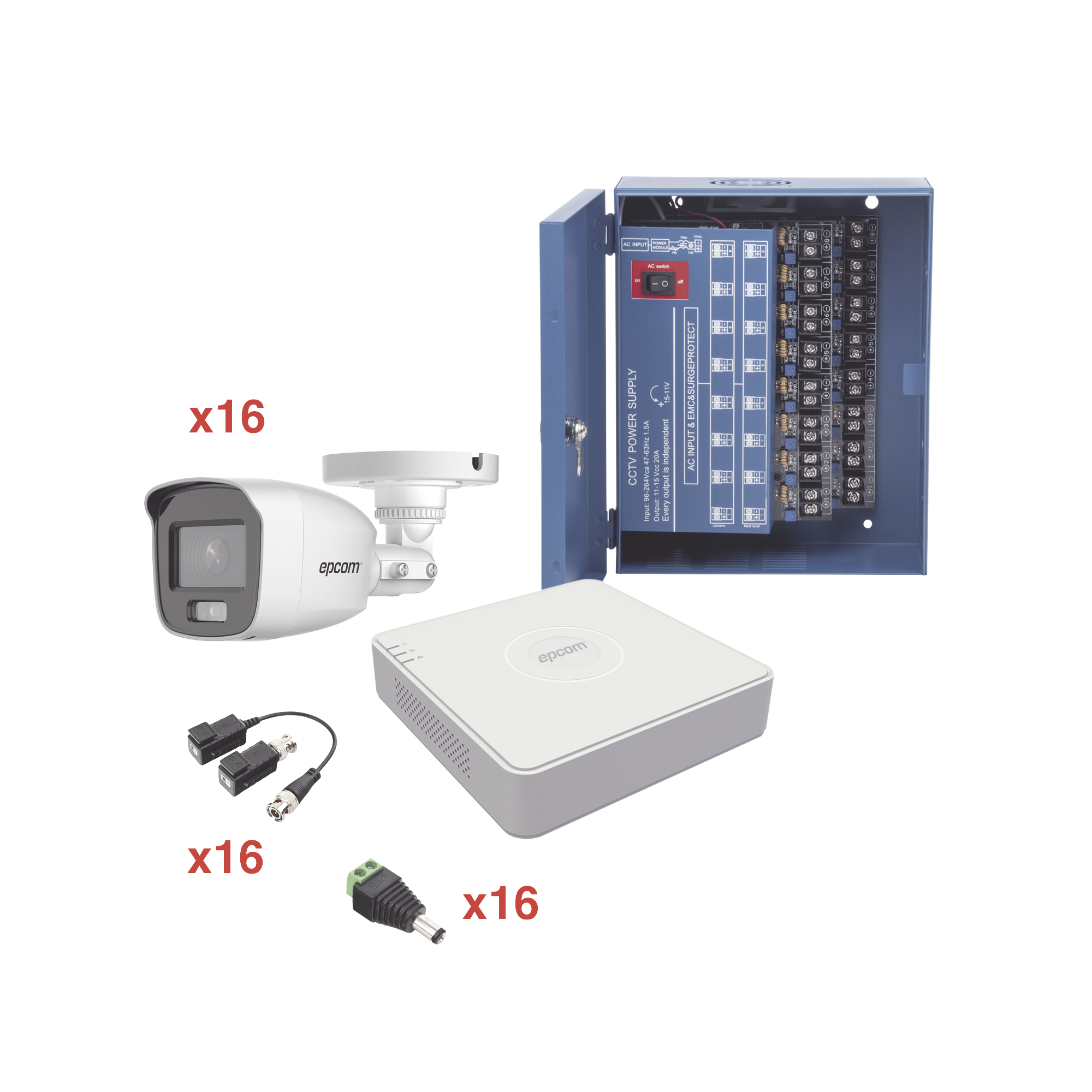 KIT TurboHD 1080p Lite / DVR 16 Canales / 16 Cámaras Bala Exterior ( 2.8mm) / Transceptores / Conectores / Fuente de Poder Profesional