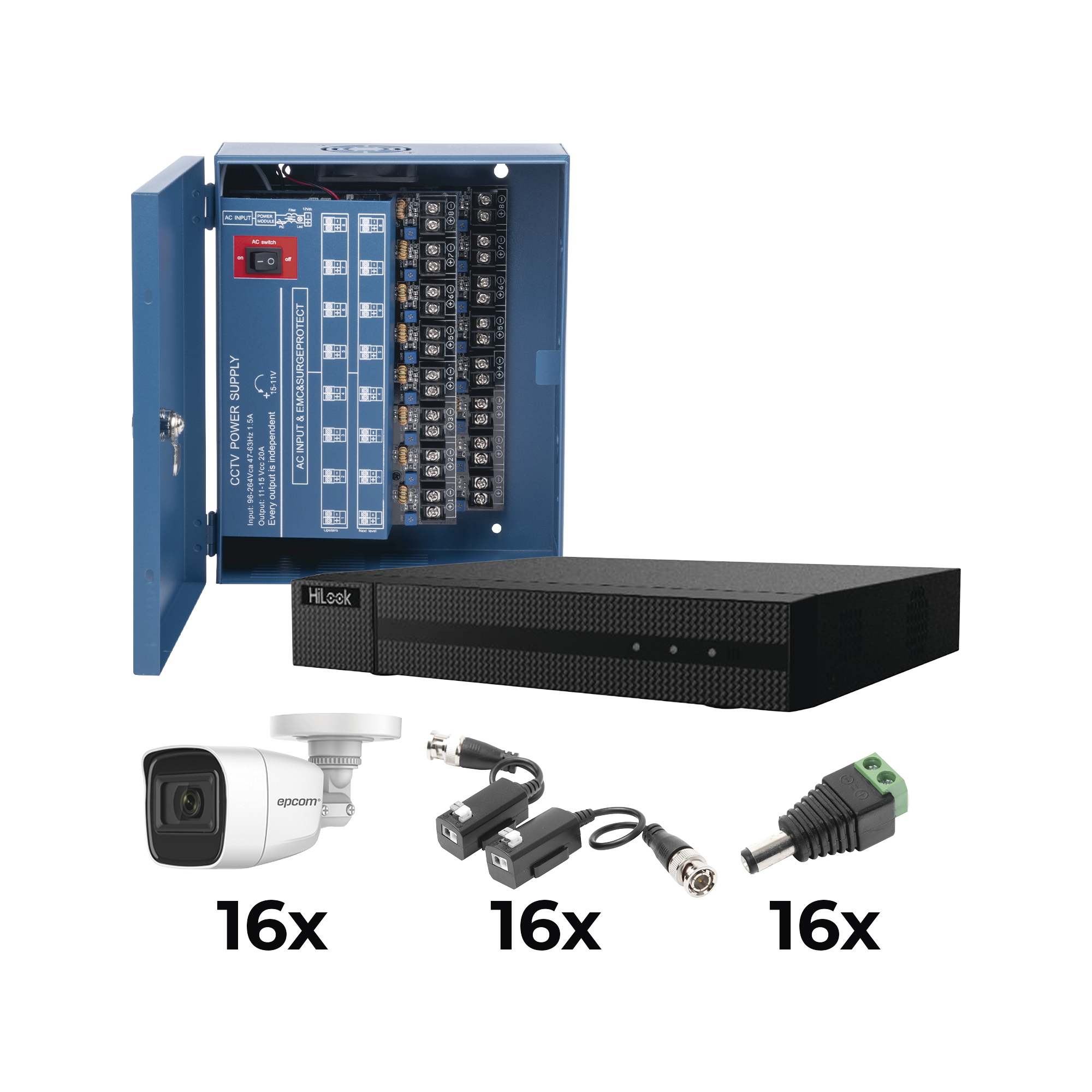KIT TurboHD 1080p / DVR 16 Canales / 16 Cámaras Bala Policarbonato con Microfono (exterior 2.8 mm) / Transceptores / Conectores / Fuente de Poder Profesional