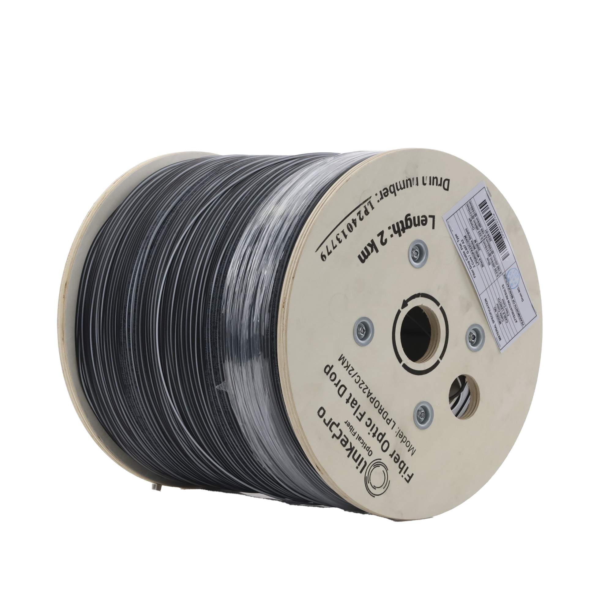 Carrete de 2 km de Fibra Óptica Drop, Interior/Exterior G.657A2 Monomodo de 2 hilos (bifibra), Dieléctrica, Forro Negro