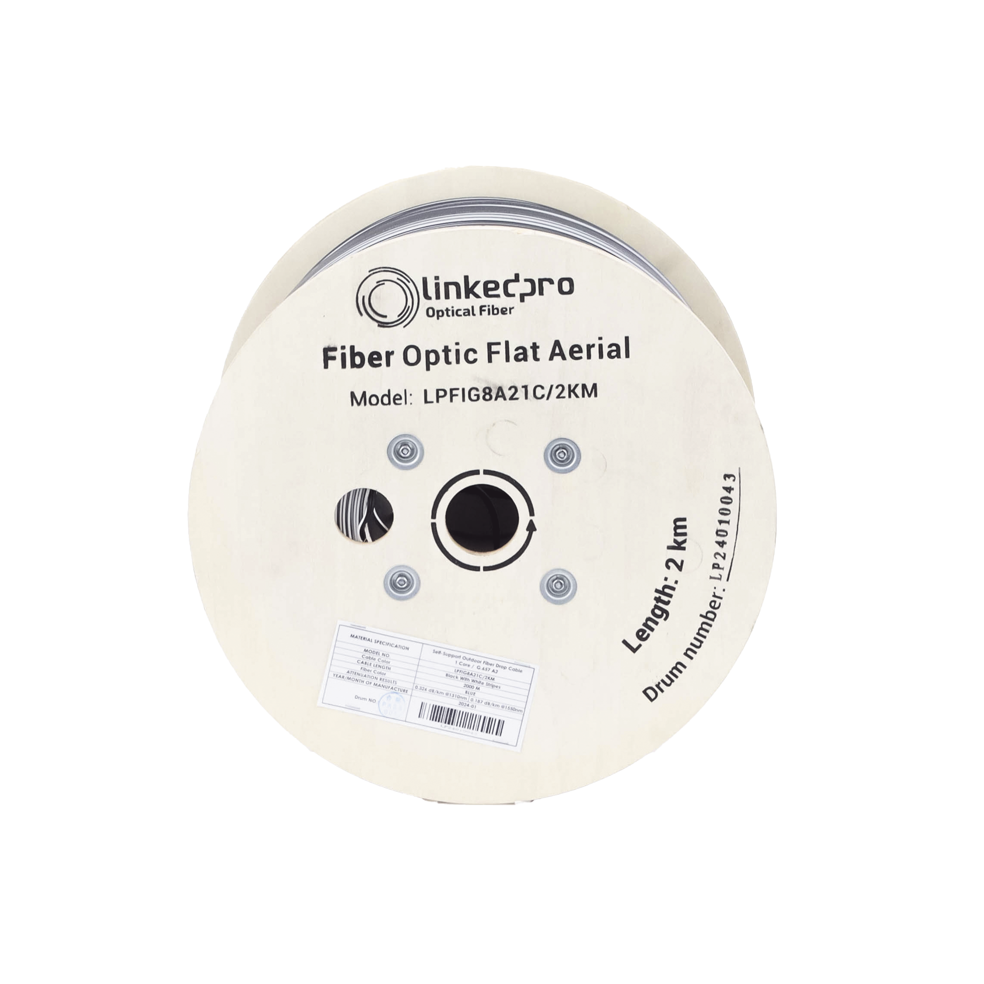 Carrete de 2 km de Fibra Óptica Aérea Mini Figura 8 G.657A1 tipo Drop, Monomodo de 1 Hilo Color Negro