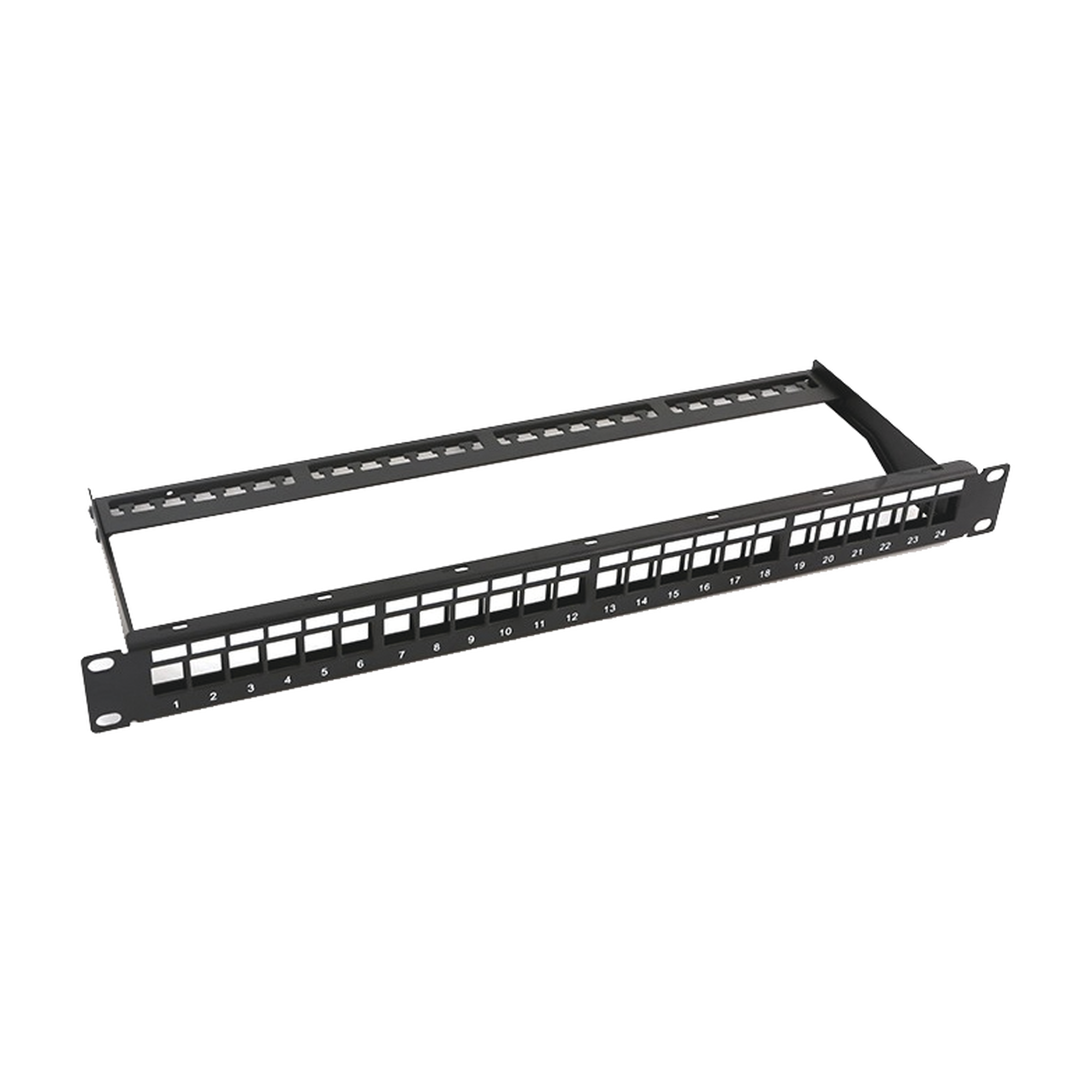 Patch panel modular sin blindaje de 24 puertos, 1U, con barra para organizar cable