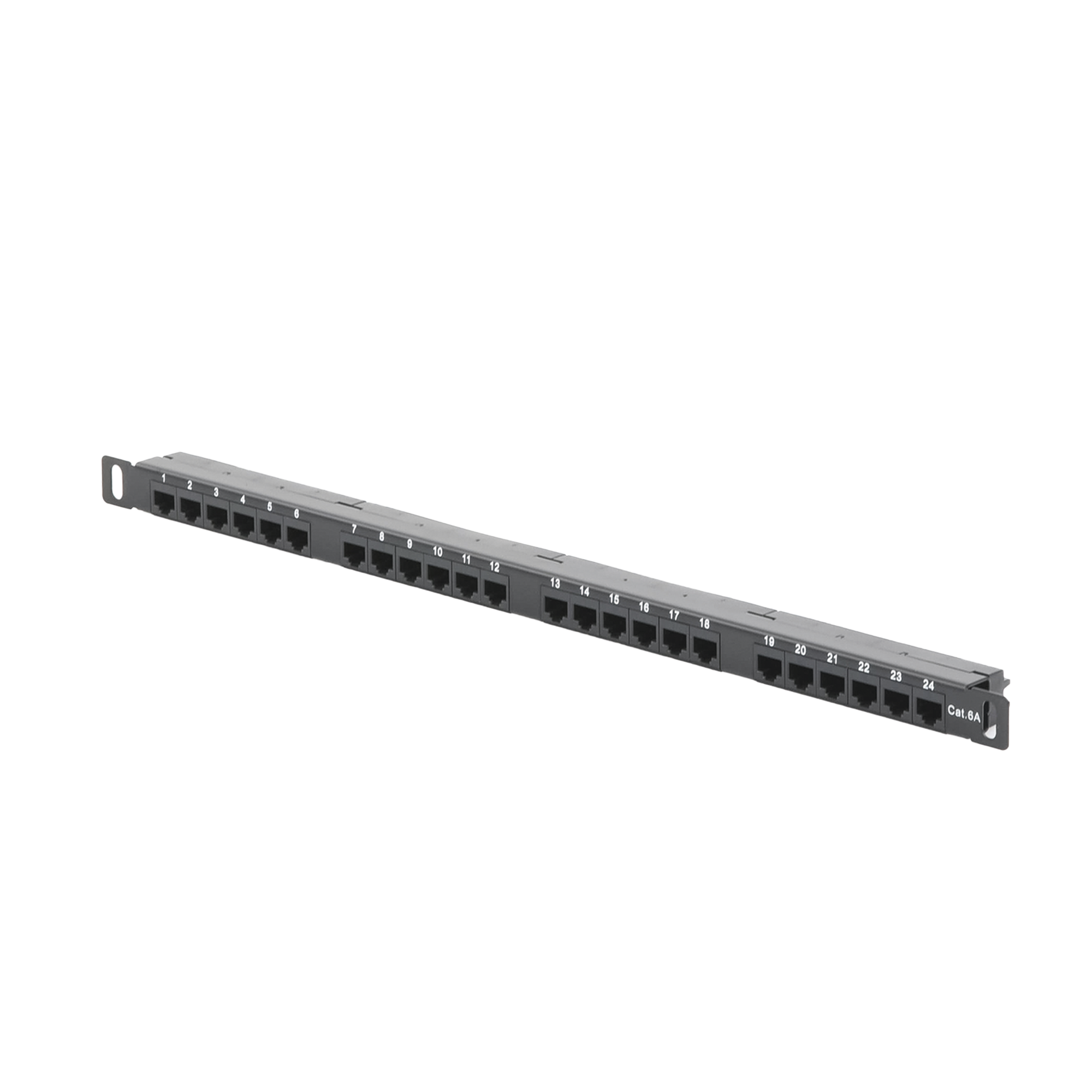 Panel de parcheo de impacto (110) sin blindaje de 24 puertos Cat6A con barra para organizar cable