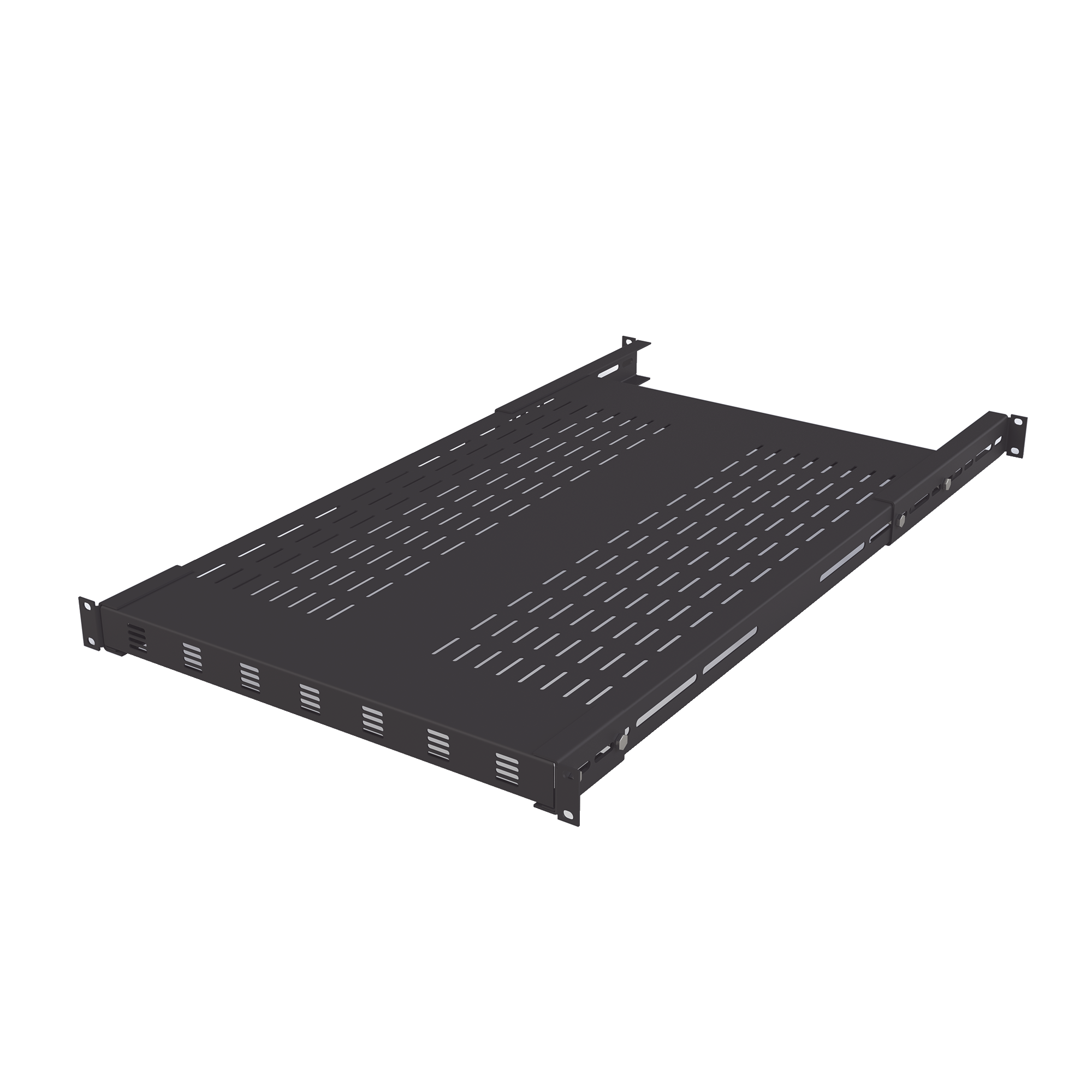 Charola ventilada para soportar equipos en Rack, Profundidad Ajustable de 495 a 965 mm, 1U, Color Negro
