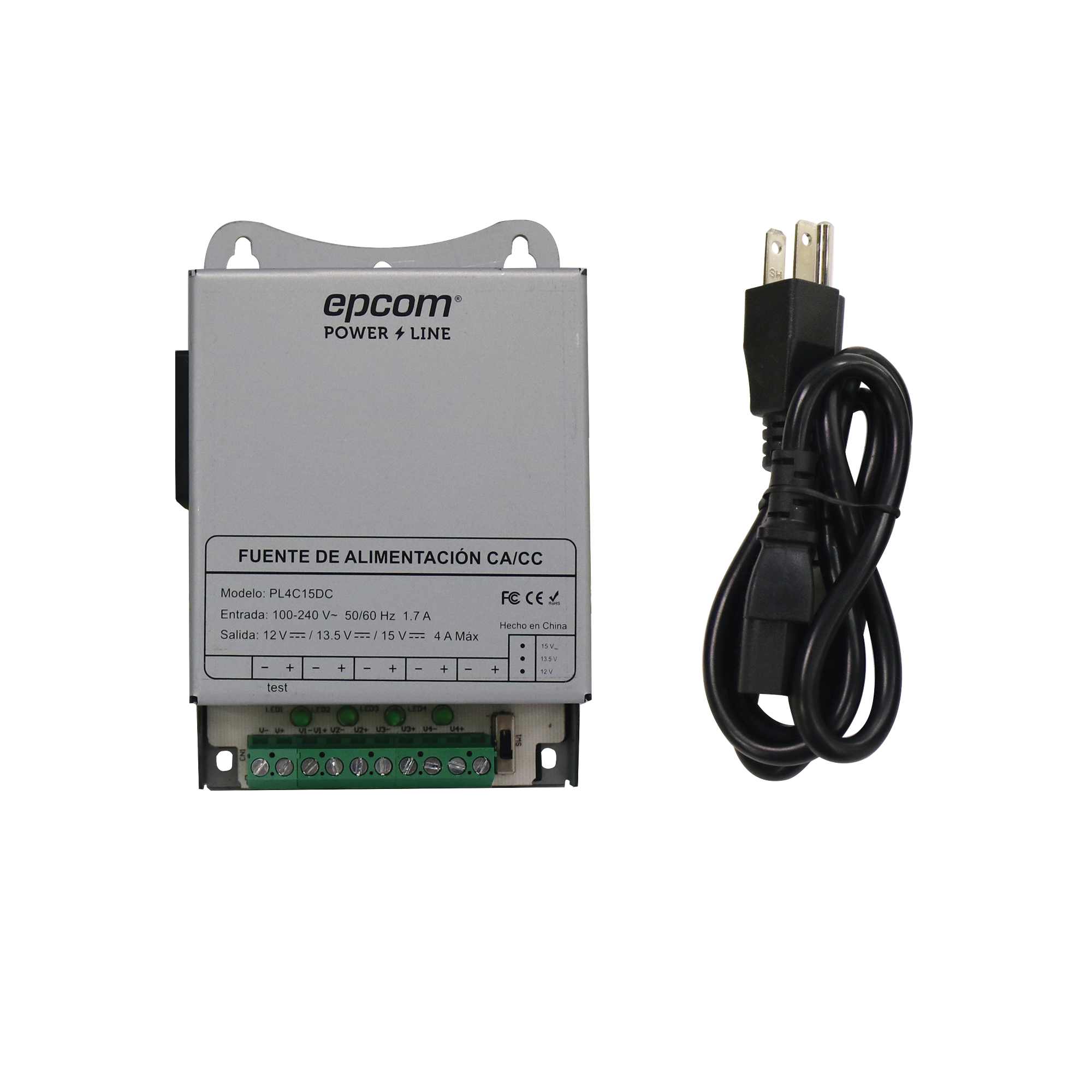 Fuente de Poder Metálica / Para 4 Cámaras / Ajustables a 12 o 13.5 o 15 Vcc / 4 Amperes / Instalación en Pared o Riel Din.