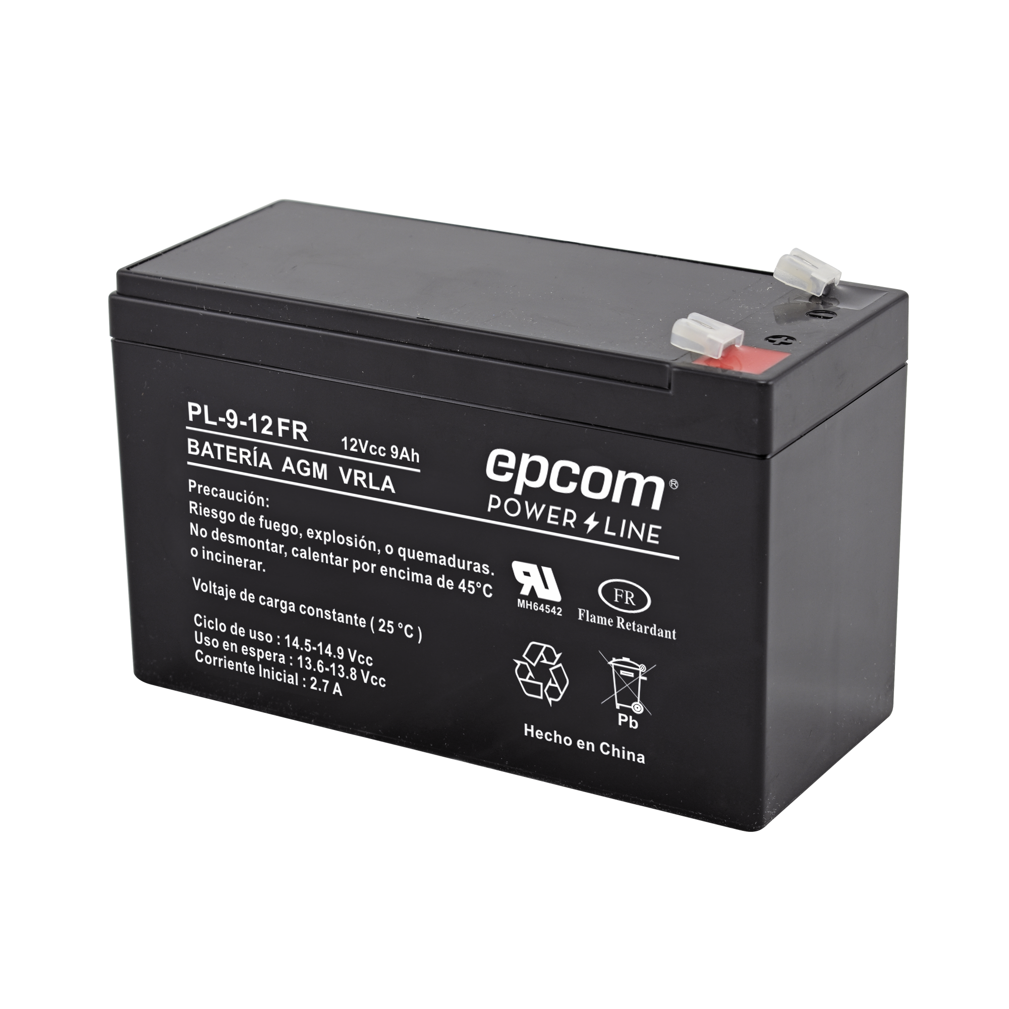 Batería 12 Vcc / 9 Ah / UL / Tecnología AGM-VRLA / Retardante a la flama / Para uso en equipo electrónico Alarmas de intrusión / Incendio/ Control de acceso / Video Vigilancia / Terminales tipo F1 / Cargador recomendado CHR-80.