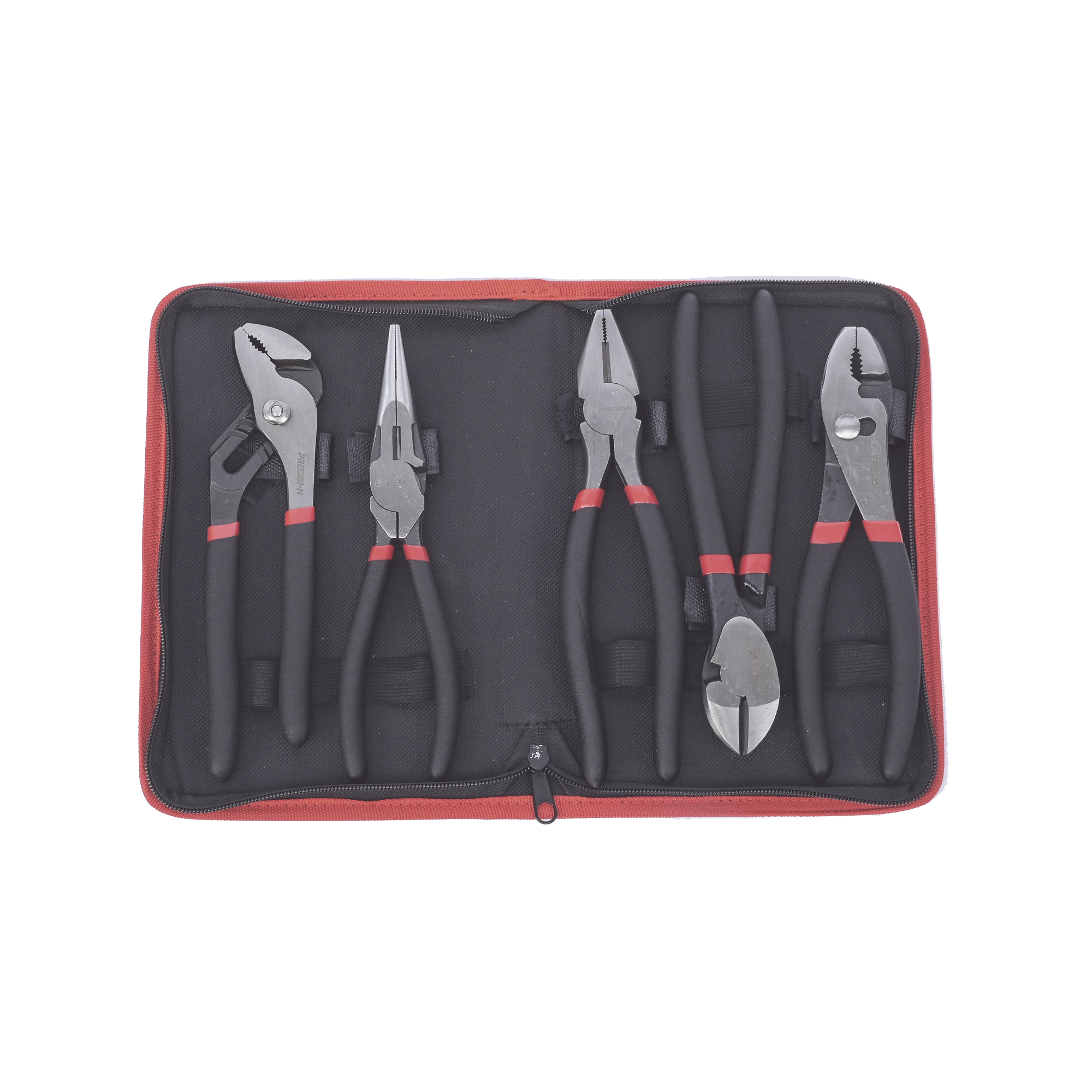 Juego de 5 Pinzas de 8' con Estuche. Incluye: P. Mecánica, P. para Tubo, P. Eléctrica, P. Corte, Nariz Larga.