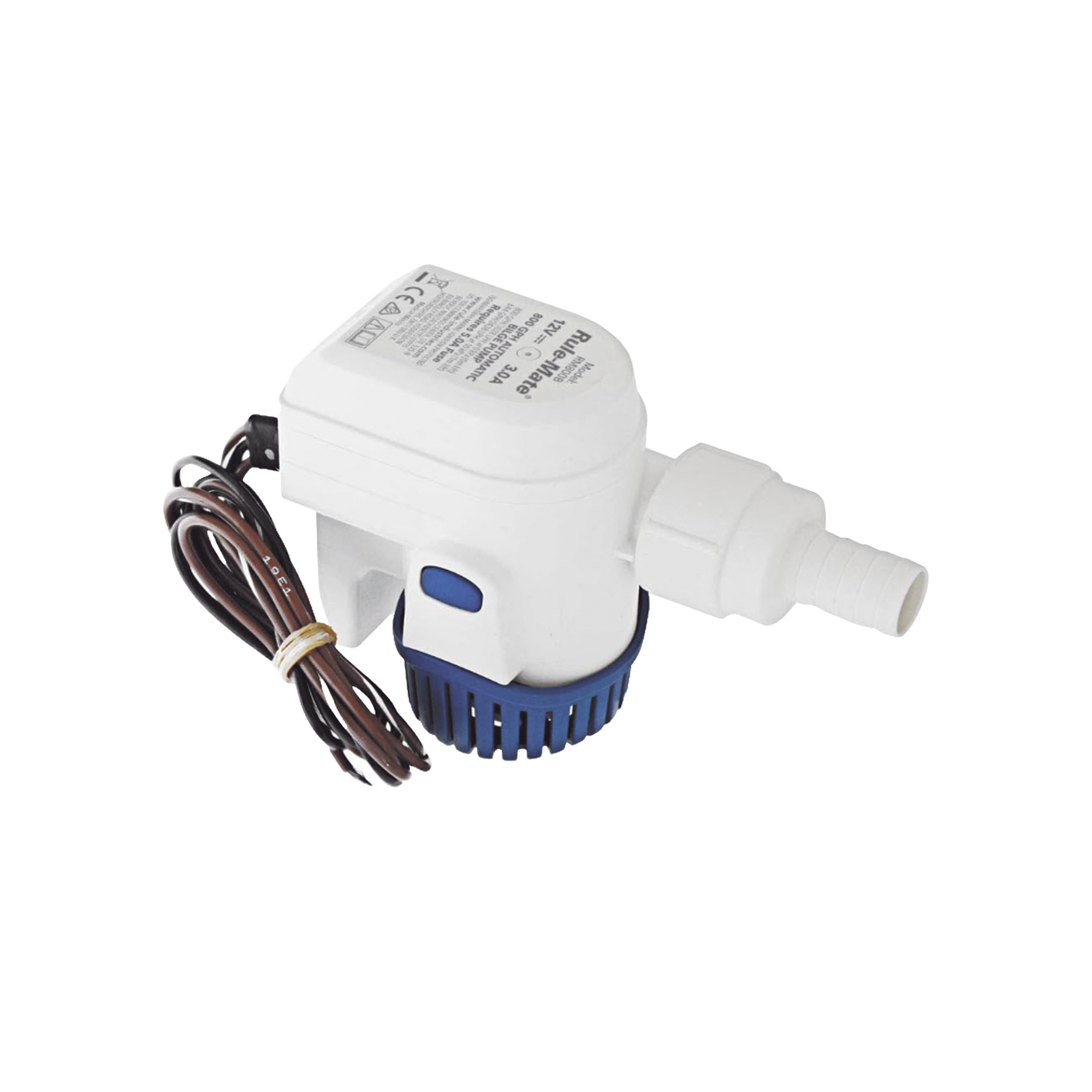 Bomba sumergible de achique automatizada de 800 galones por hora, para conexión de 12 Volts de corriente directa.