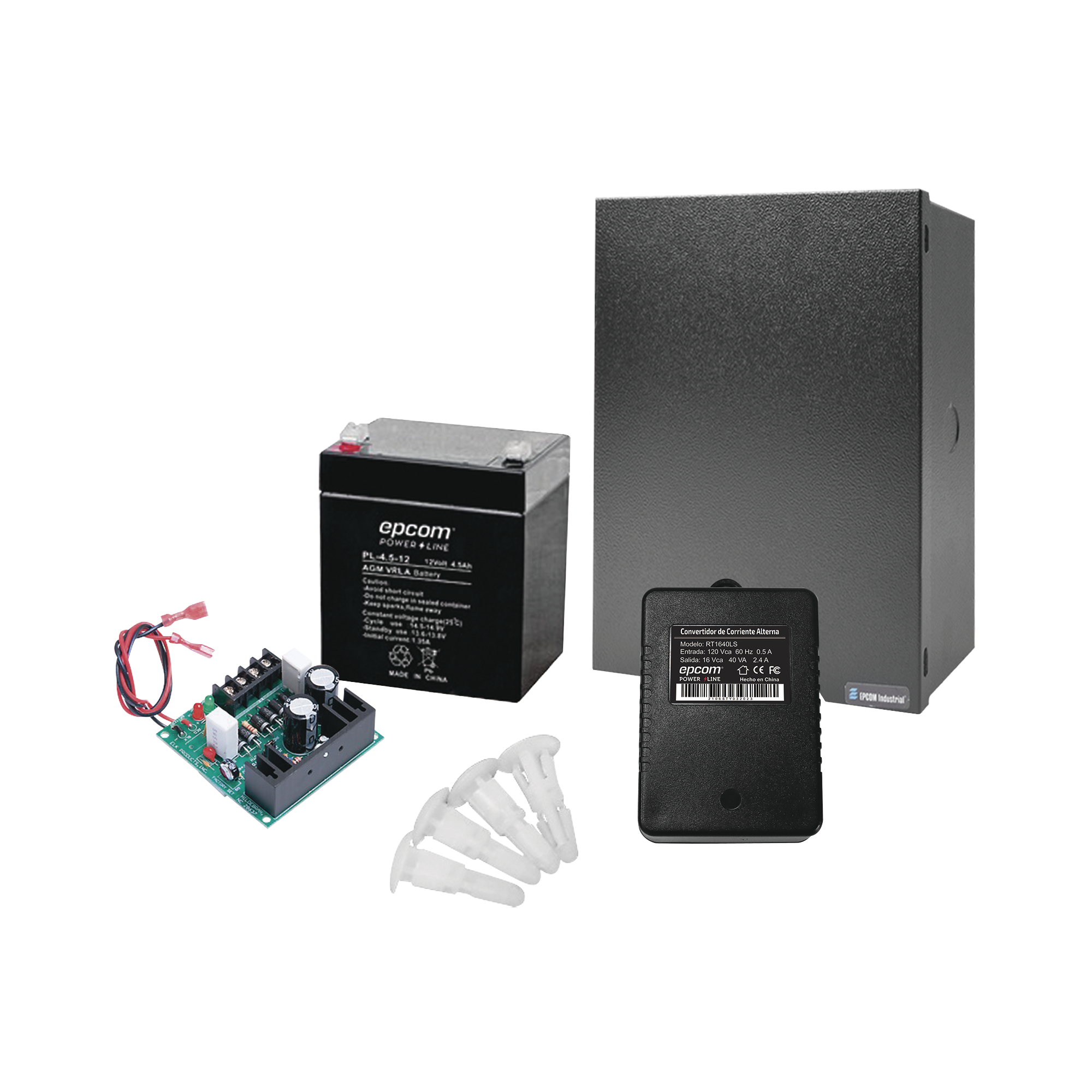 Kit con Fuente  ELK Products ( ELK624 ) con salida de 12 Vcc a 1 Amper, incluye transformador y batería de 4.5 Amper