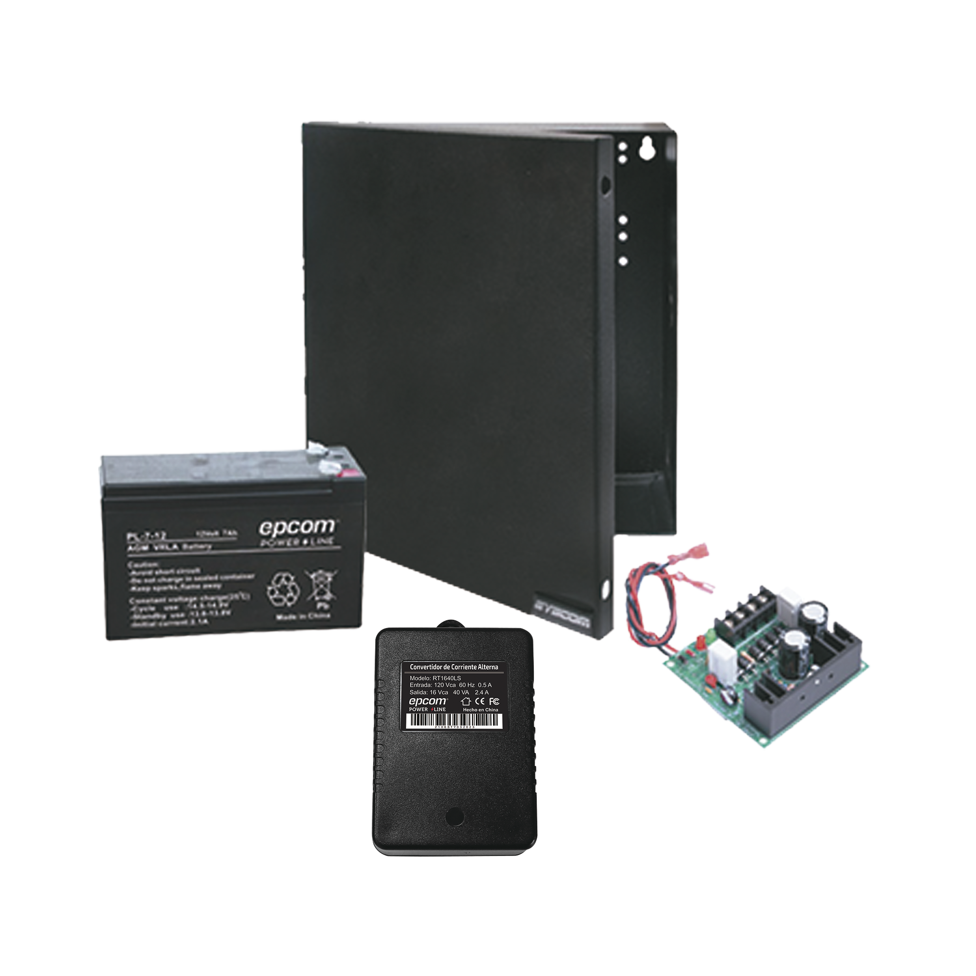 Kit con fuente ELK Products ( ELK624 ) con salida de 12 Vcc a 1 Amper, incluye transformador y batería de 7 Amper