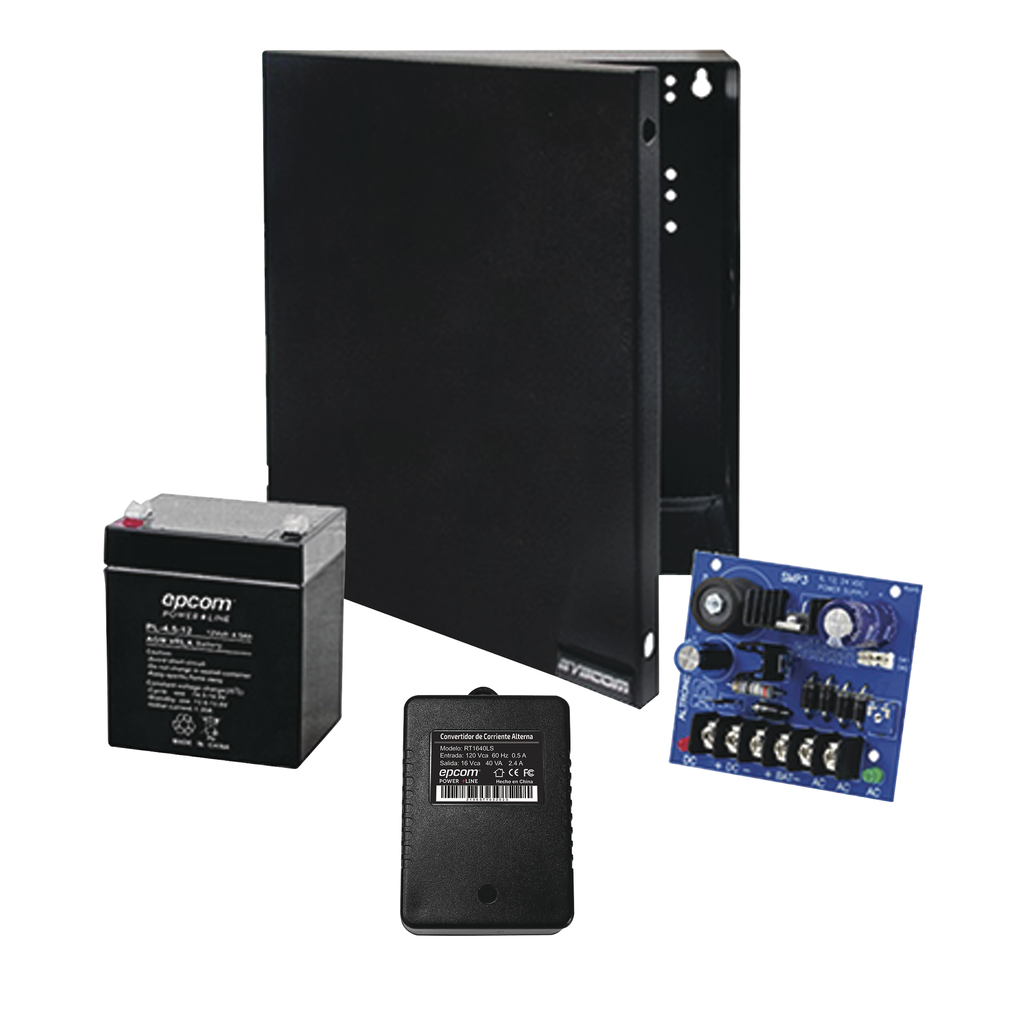 Kit con fuente ALTRONIX con salida de 12 Vcc a 2.5 Amper, incluye transformador y batería de 4.5 Amper