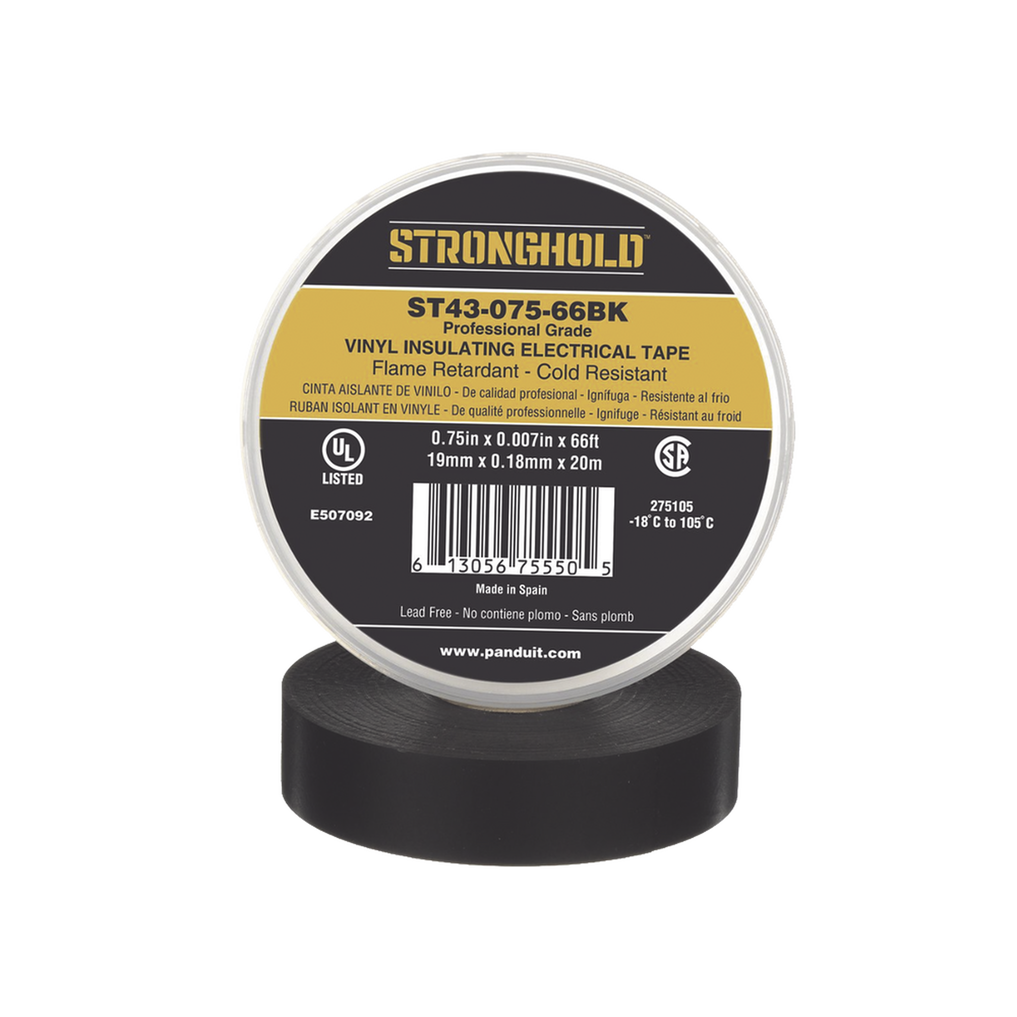 Cinta Eléctrica STRONGHOLD para Aislar, de PVC, Uso Profesional en Construcción Eléctrica, Grosor de 0.18mm (7 mil), Ancho de 19mm, y 18m de Largo, Color Negro