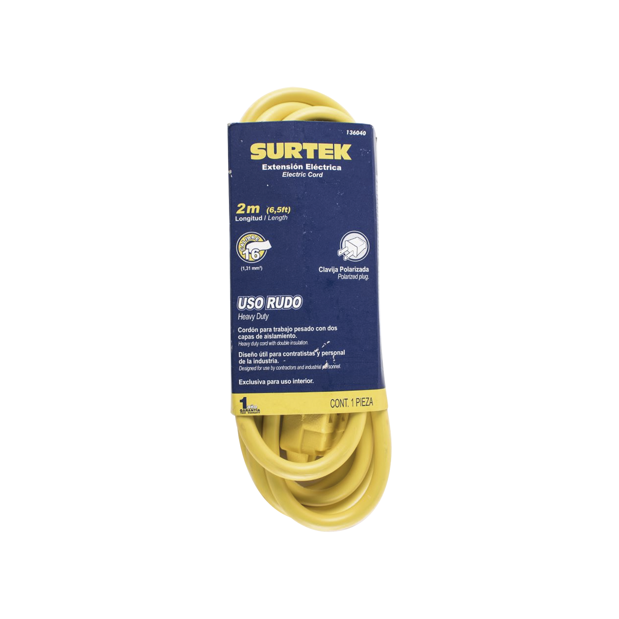 Extensión Eléctrica de Uso Rudo 2 metros / 127 V CA 10 A Máximo /  Color Amarillo.