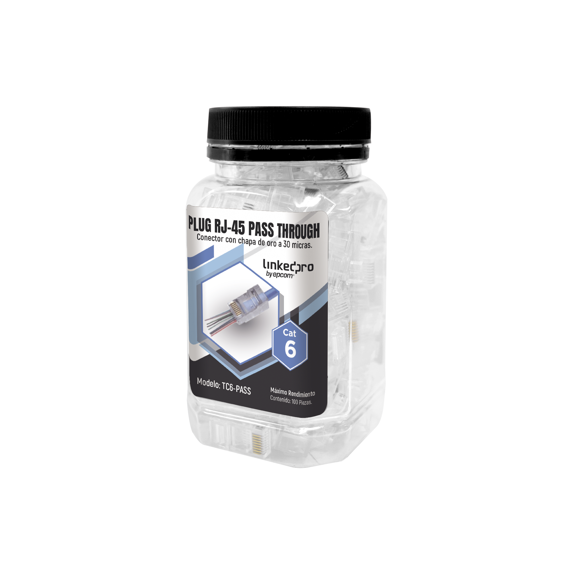 Bote con 100 Plugs Pass through RJ45 Cat6 sin blindaje, chapado de oro a 30 micras para durabilidad extrema