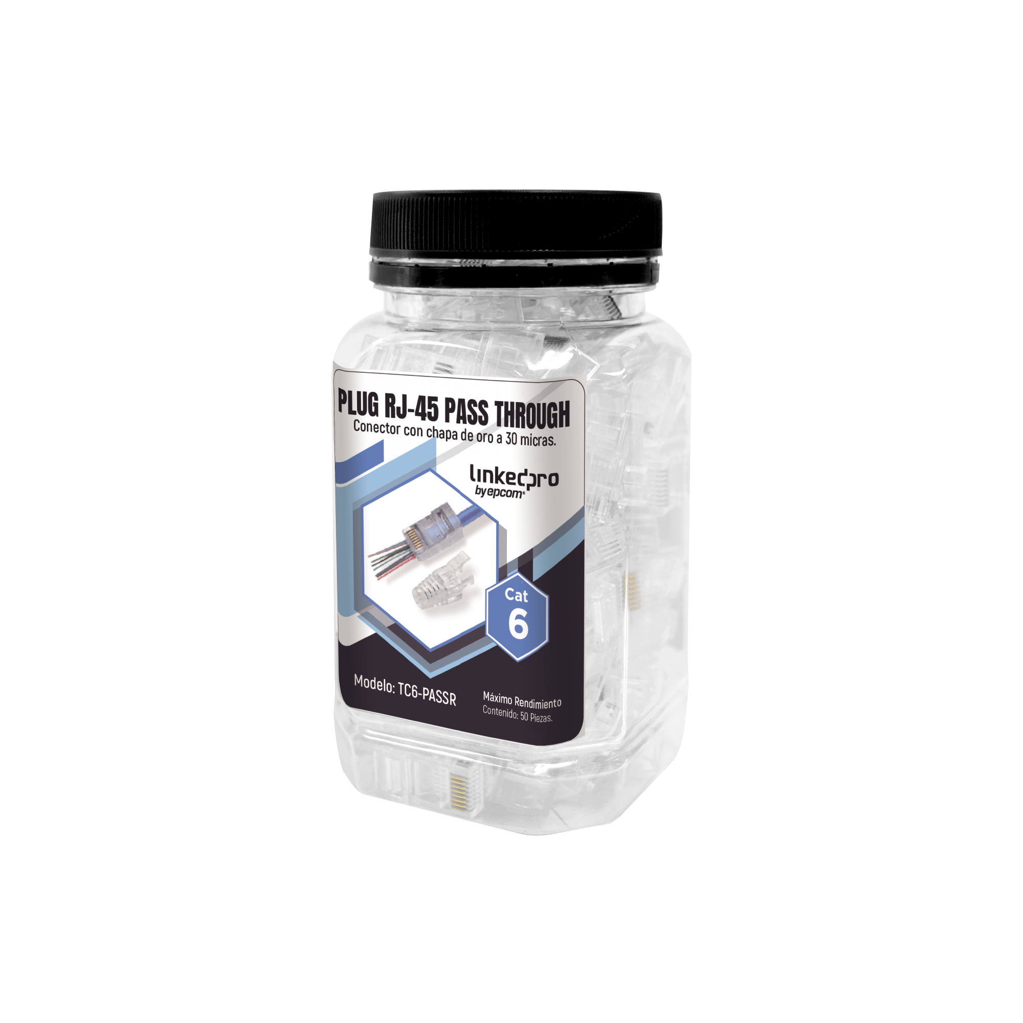 Bote con 50 Plugs Pass through RJ45 Cat6 sin blindaje, con alivio de tensión incluido, chapado de oro a 30 micras para durabilidad extrema