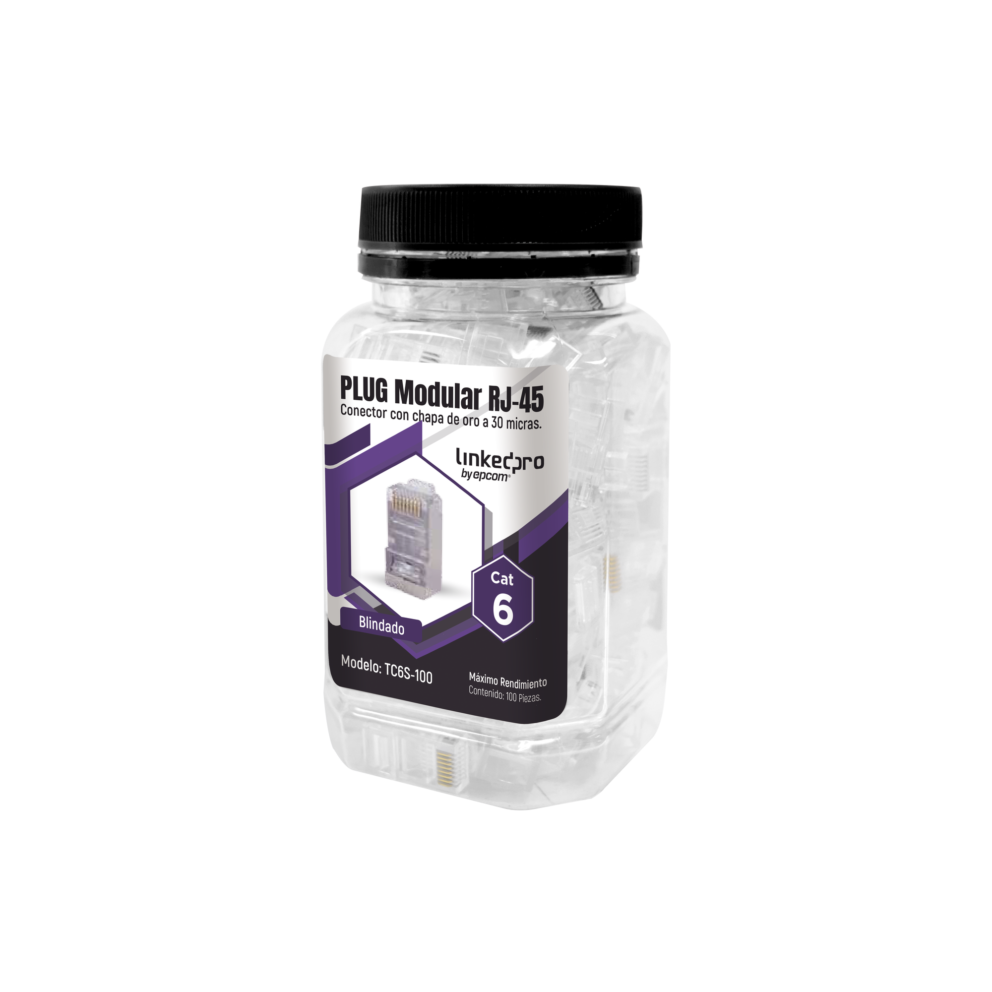 Bote con 100 Piezas de Plug Modular RJ45 Cat6 blindado, chapado de oro a 30 micras para durabilidad extrema SIN PIN DE TIERRA