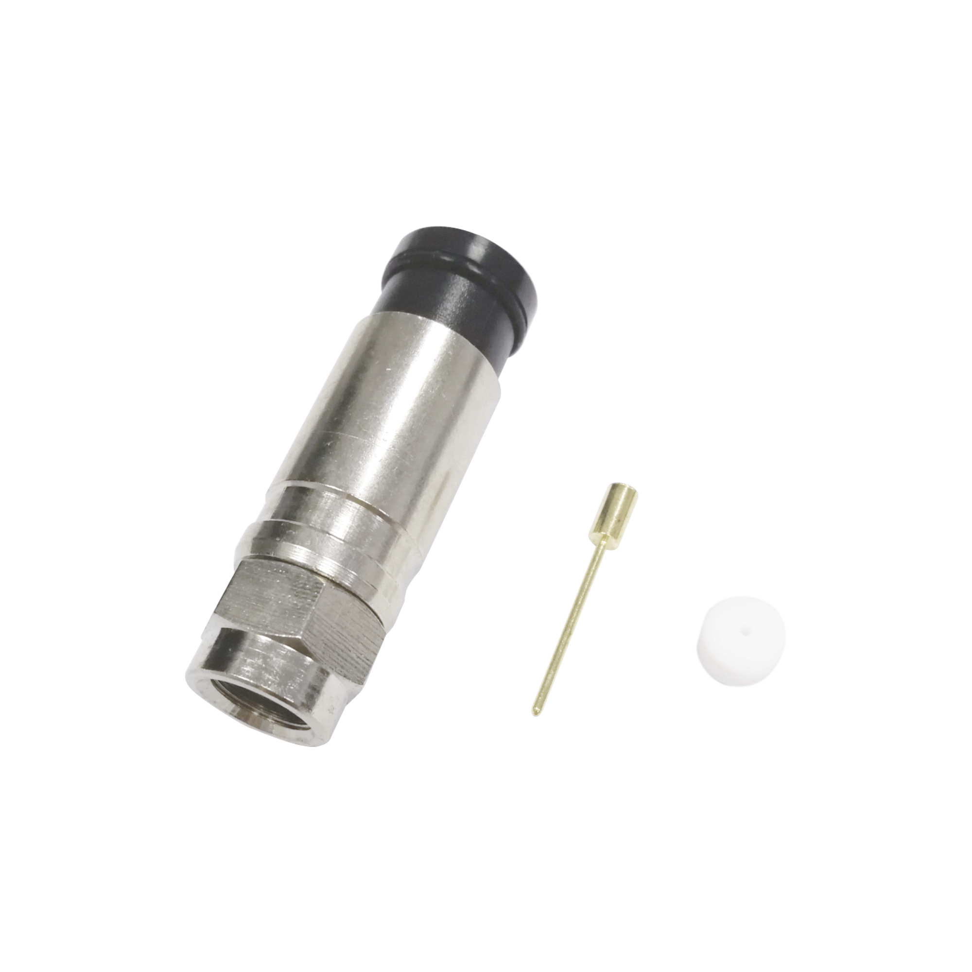 Conector F Macho de Compresión Axial con Borne Negro para instalar en Cable Coaxial RG-11, 75 Ohm, Bronce-Niquelado.