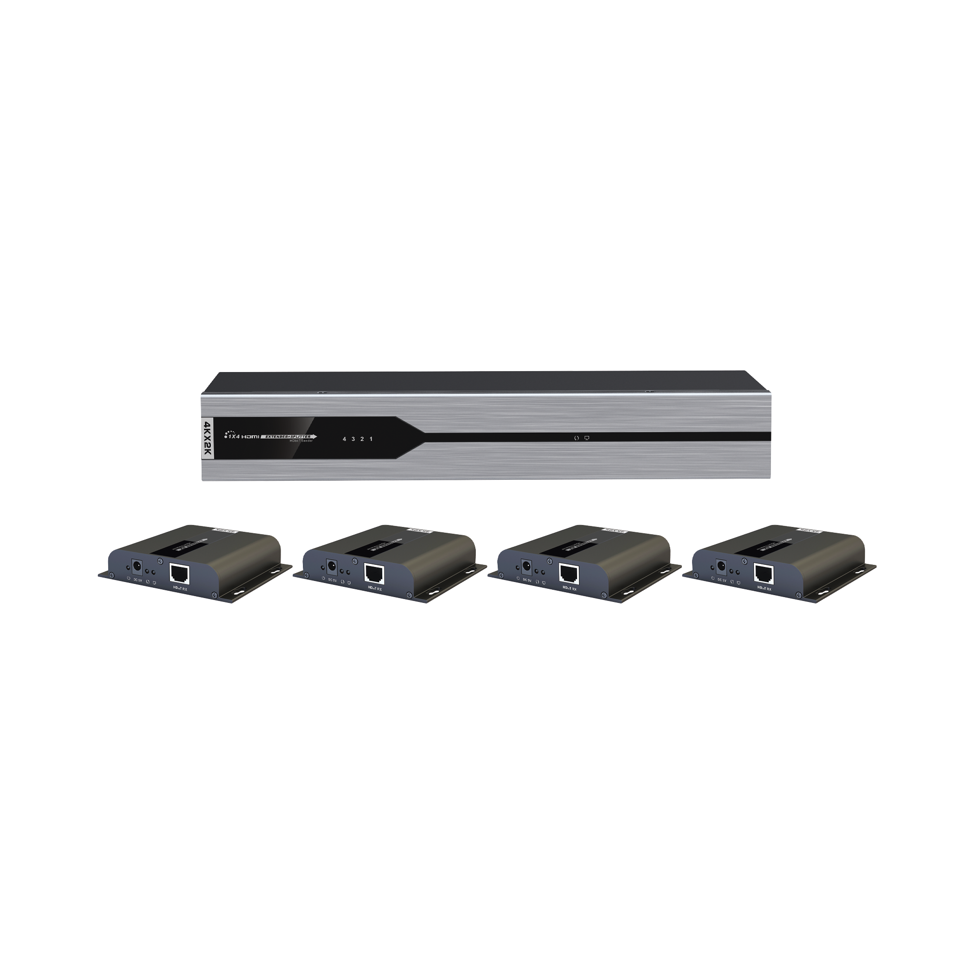 Kit Divisor y Extensor HDMI (Extender Splitter)  / Divide 1 Fuente HDMI a 4 Pantallas / Extiende la señal HDMI hasta 120 m / Resolución 4Kx2K @ 30 Hz / Cat 6/6a / Uso 24/7 / Longitud del cable autoajustable / Alimente solo el Tx (PoC).