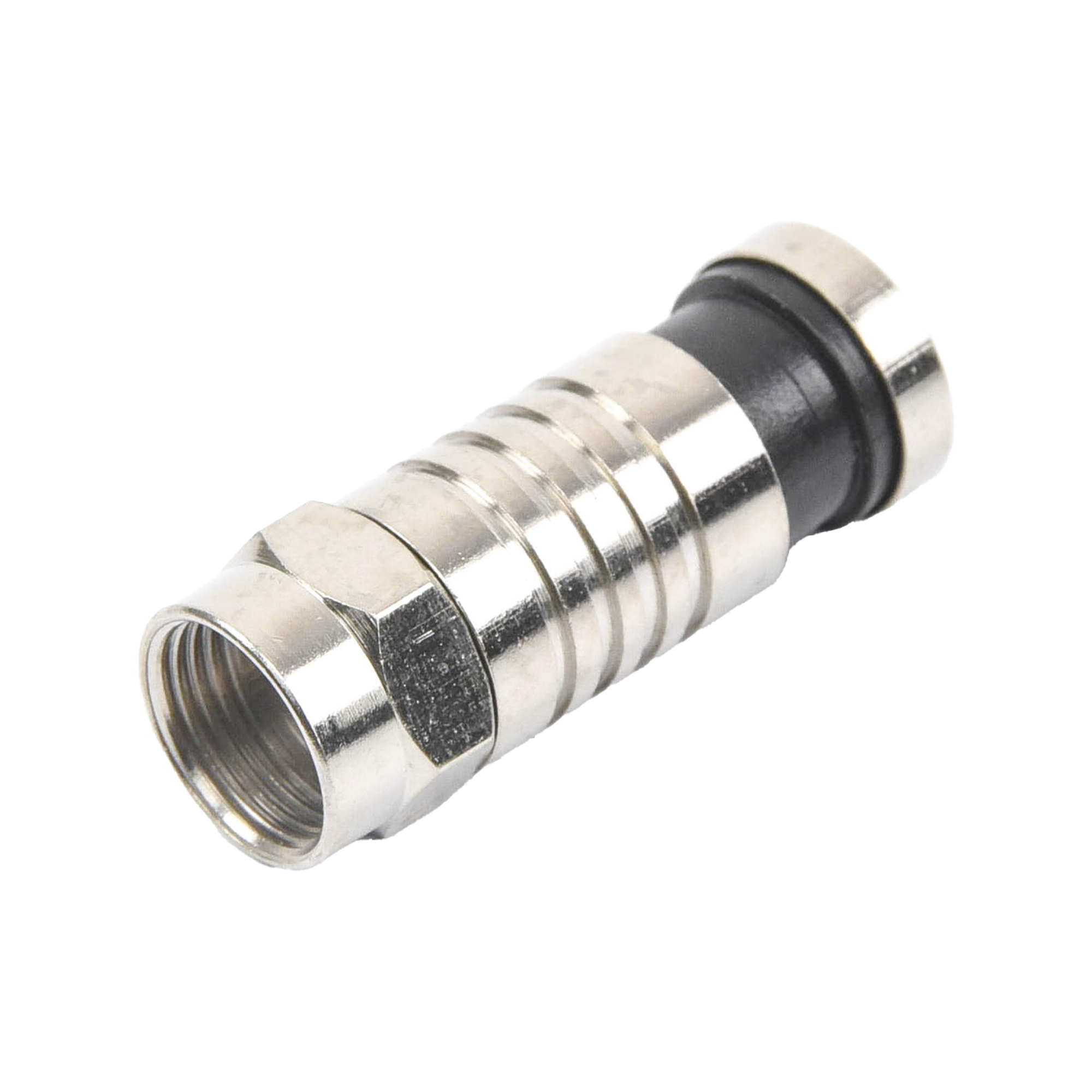 Conector F Macho de Compresión para cable RG-6, Cuerpo de Bronce Niquelado.