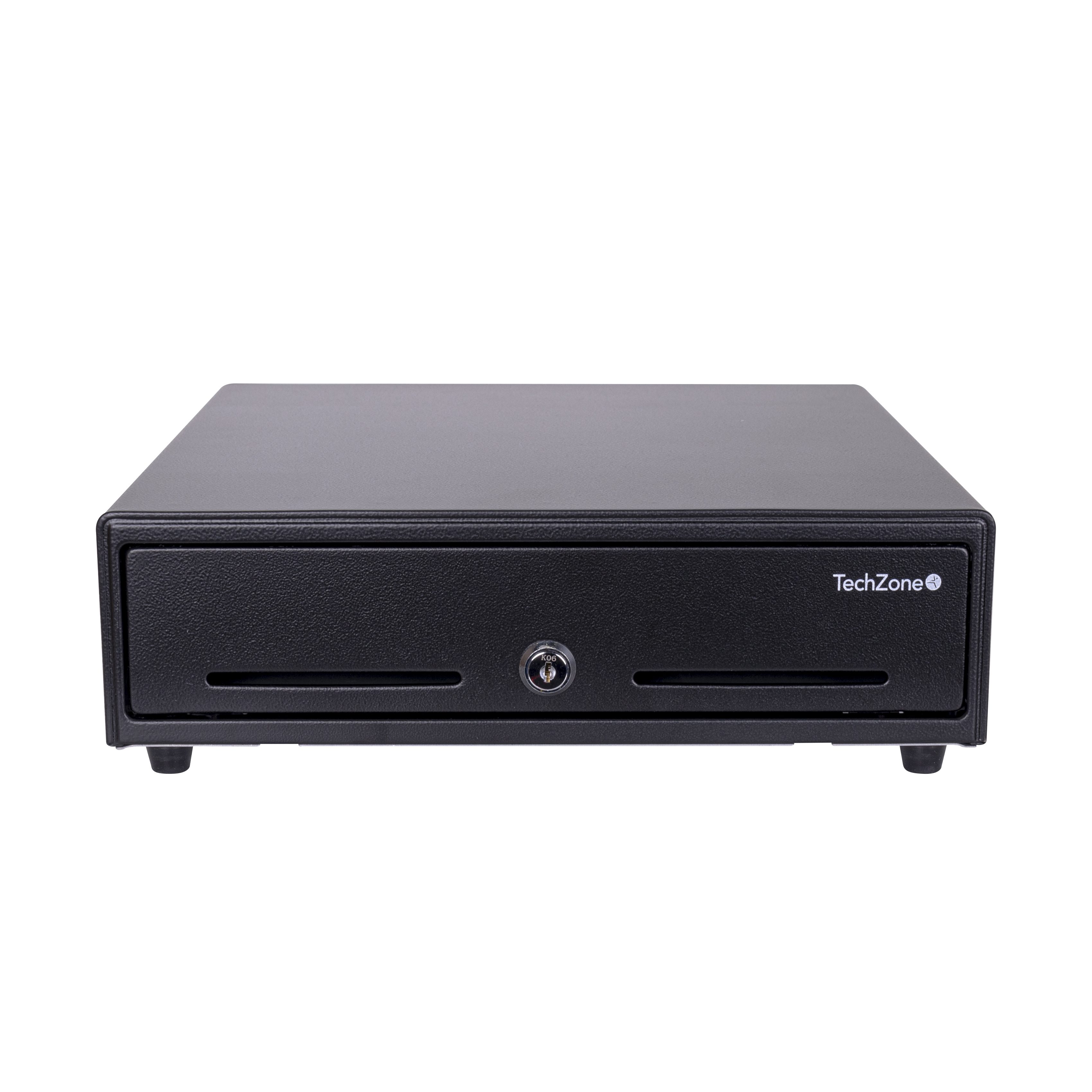 Cajón de Dinero TechZone TZBE4B8M90 - Negro, 4 billetes, 8 monedas.