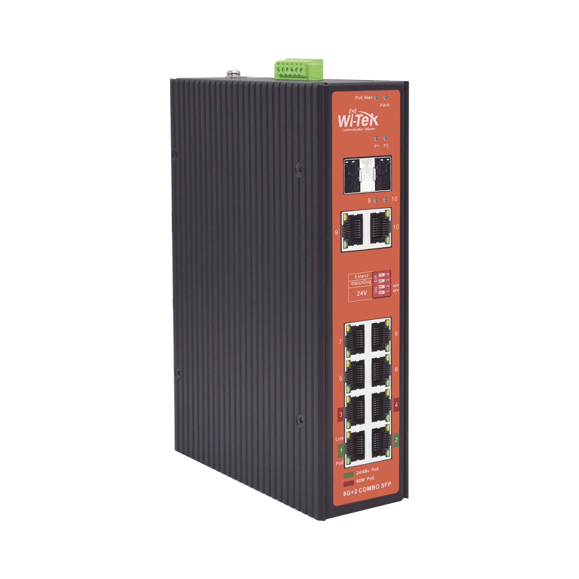 Switch Industrial PoE++ y pasivo de 24V / No administrable / Con 8 puertos Gigabit + 2 SFP combo / Presupuesto 300W