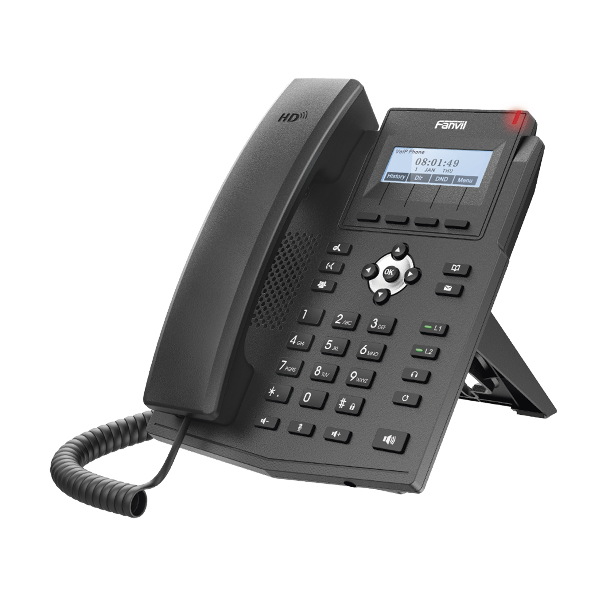 Teléfono IP empresarial para 2 lineas SIP con pantalla LCD,  Puertos Gigabit, Códec Opus, conferencia de 3 vías, PoE.