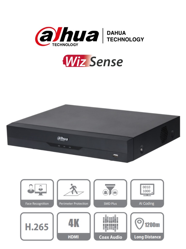 DAHUA XVR5116H-4KL-I3 - DVR de 16 Canales 4k/ 8 Megapixeles/ WizSense/ H.265+/ 16 Canales + 16 IP/ Hasta 32 Ch IP/ 2 Canales de Reconocimiento Facial - 